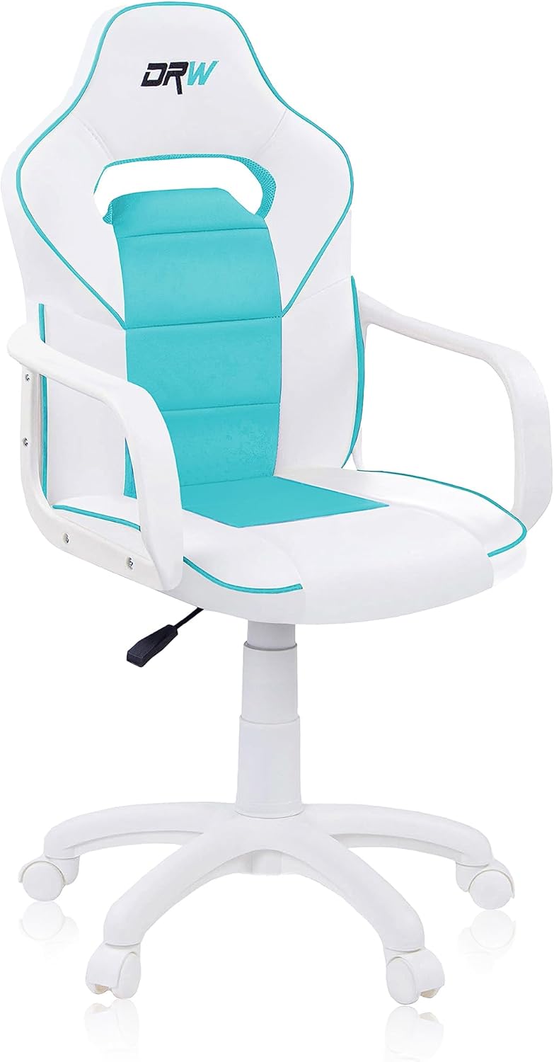 duehome | DRW, cadeira Gamer, cadeira de escritório, estúdio ou secretária, acabamento em silício pele branca e turquesa, medidas: 46,5 cm (largura) x 46 cm (comprimento) x 98-109,5 cm (altura)