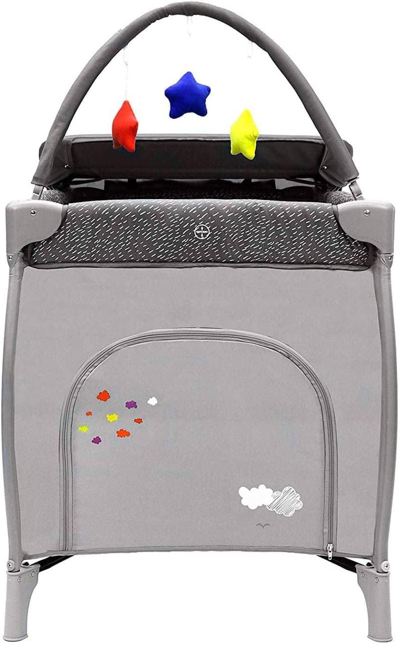 Asalvo Berço de viagem 4 em 1 para bebé com altura dupla, arco de jogos, dobrável compacto, base acolchoada e bolsa de transporte Mix Plus Zeppelin cinzento