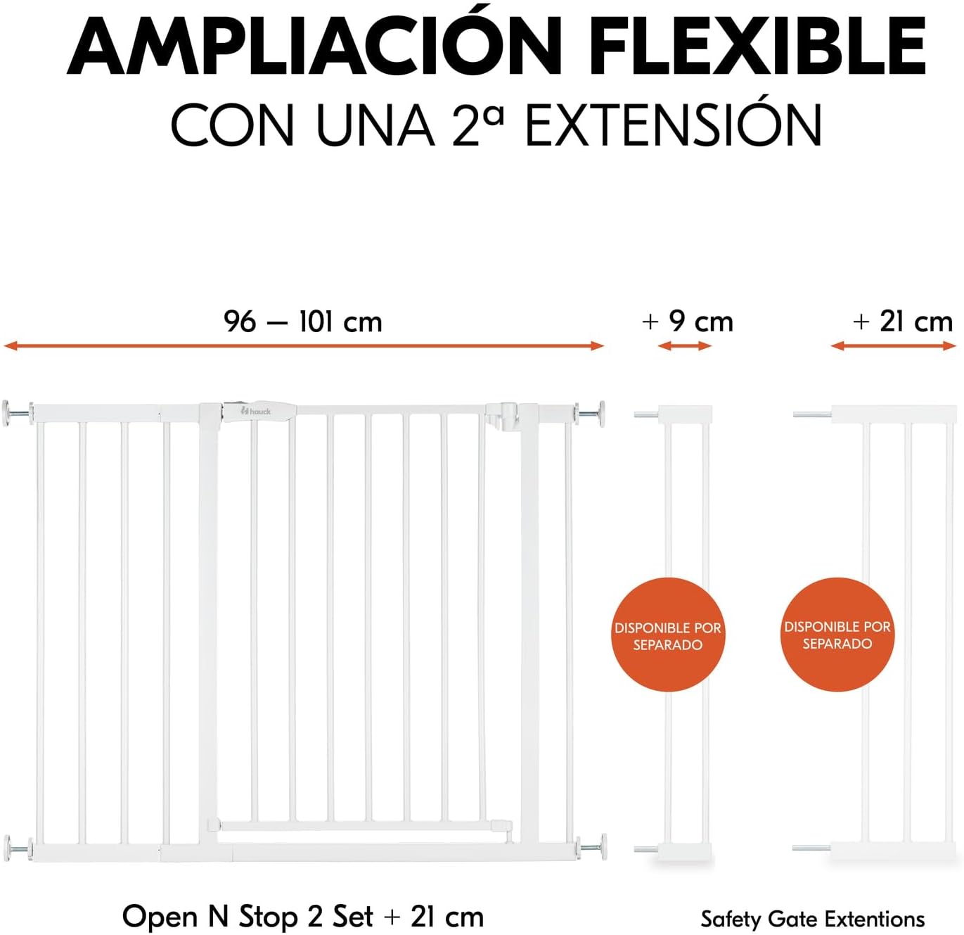 hauck Open N Stop 2 Barrera Seguridad Niños Escalera con Ext. de 21 cm para Anchos de 96-101 cm, Puerta Seguridad Bebe sin Taladrar, Vallas para Perros, Cierre Manual, Metal - Blanco