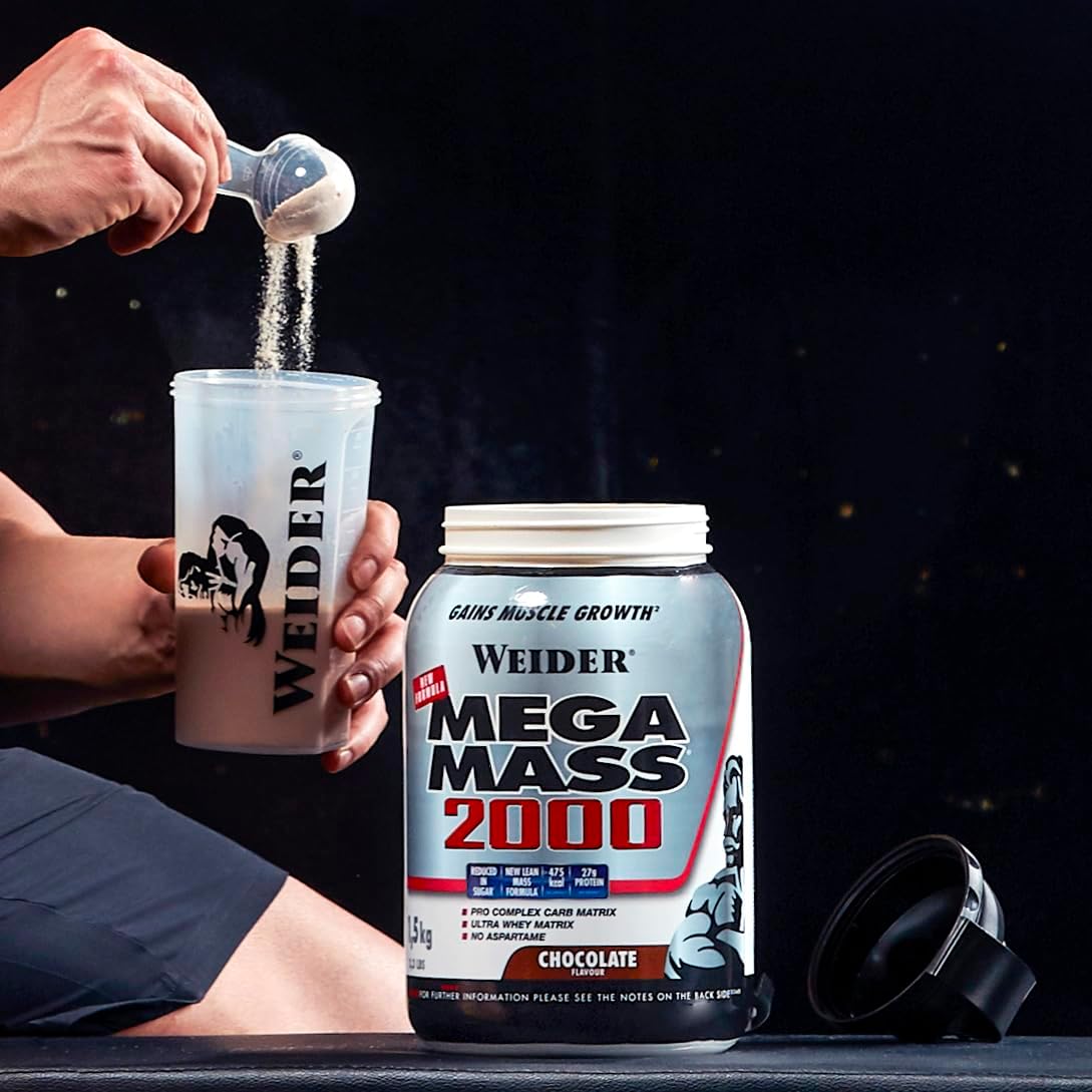 Weider Mega Mass 2000 sabor chocolate (1500 g) 67% de hidratos e 16% de proteínas. Enriquecido com vitaminas e minerais. Com menos açúcares (WMN.402101)