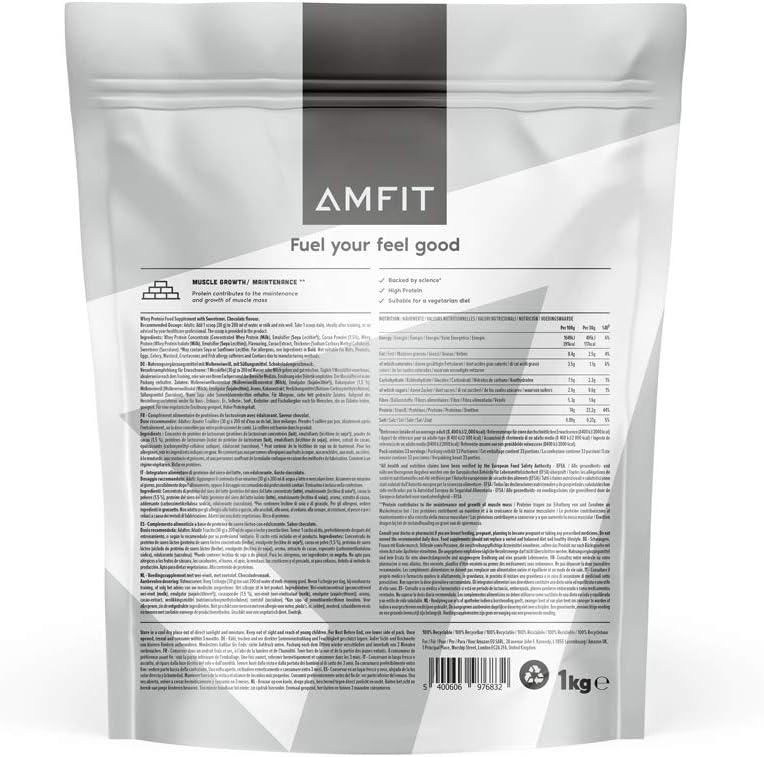 Marca Amazon - Amfit Nutrition Proteína de soro de leite em pó, chocolate, 33 porções, 1 kg (embalagem de 1)
