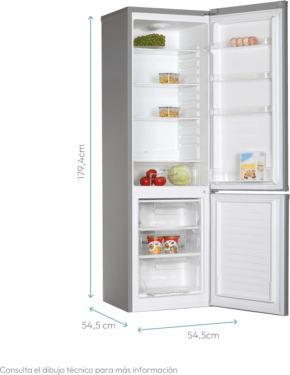 Candy CCG1S 518EX Frigorífico Combi, Ancho 55cm, Altura 1,80m, Capacidad 252L, Cajón Verdulero, Control Mecánico de la temperatura, Iluminación LED, Puerta Reversible, 41DB, Inox