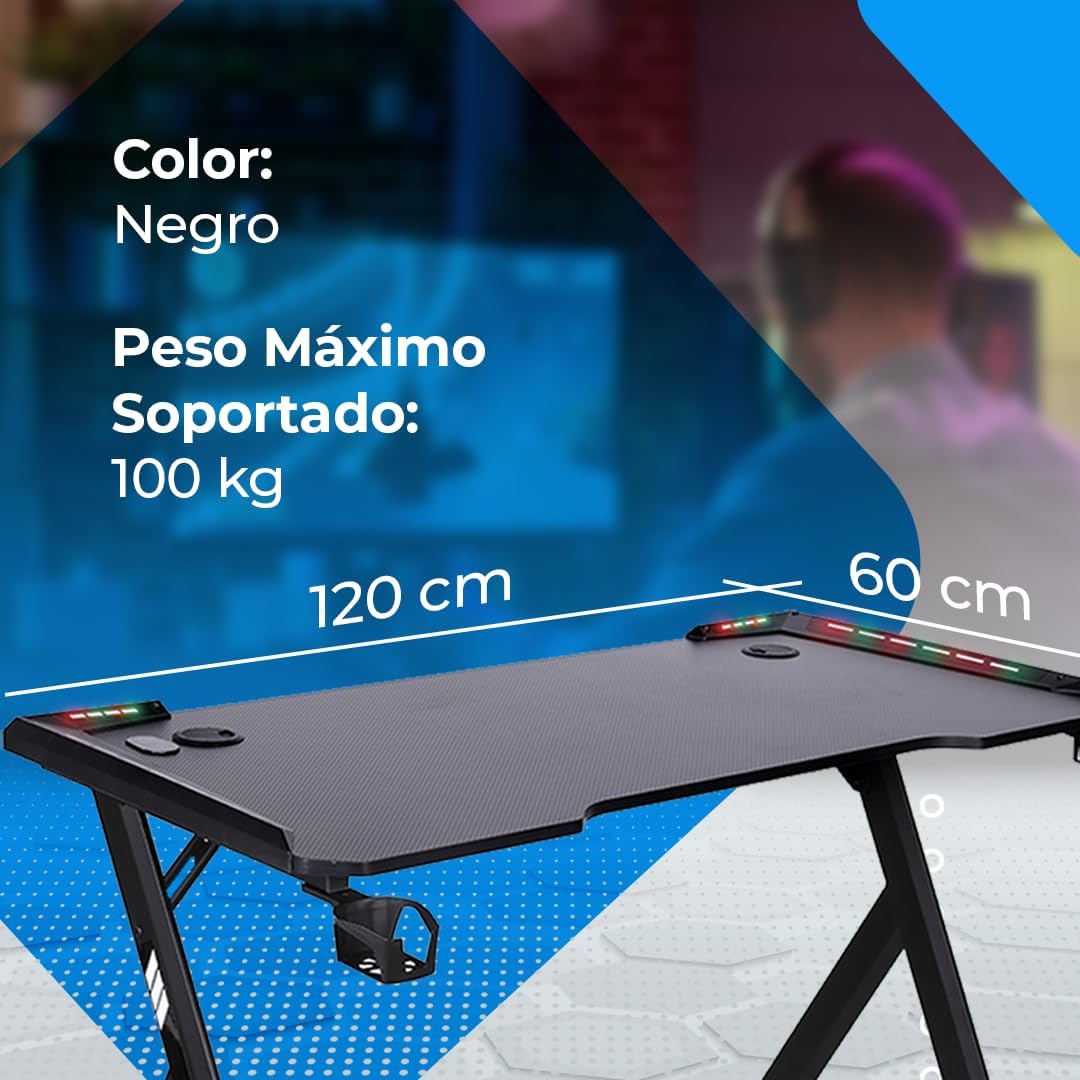 NK Mesa de secretária de jogos com LED (120 x 60 cm), porta-copos e garrafas, suporte para auriculares/capacetes, gestão de cabos, Gaming Desk, tabela de 1,5 cm (resistência) peso máximo 100 kg