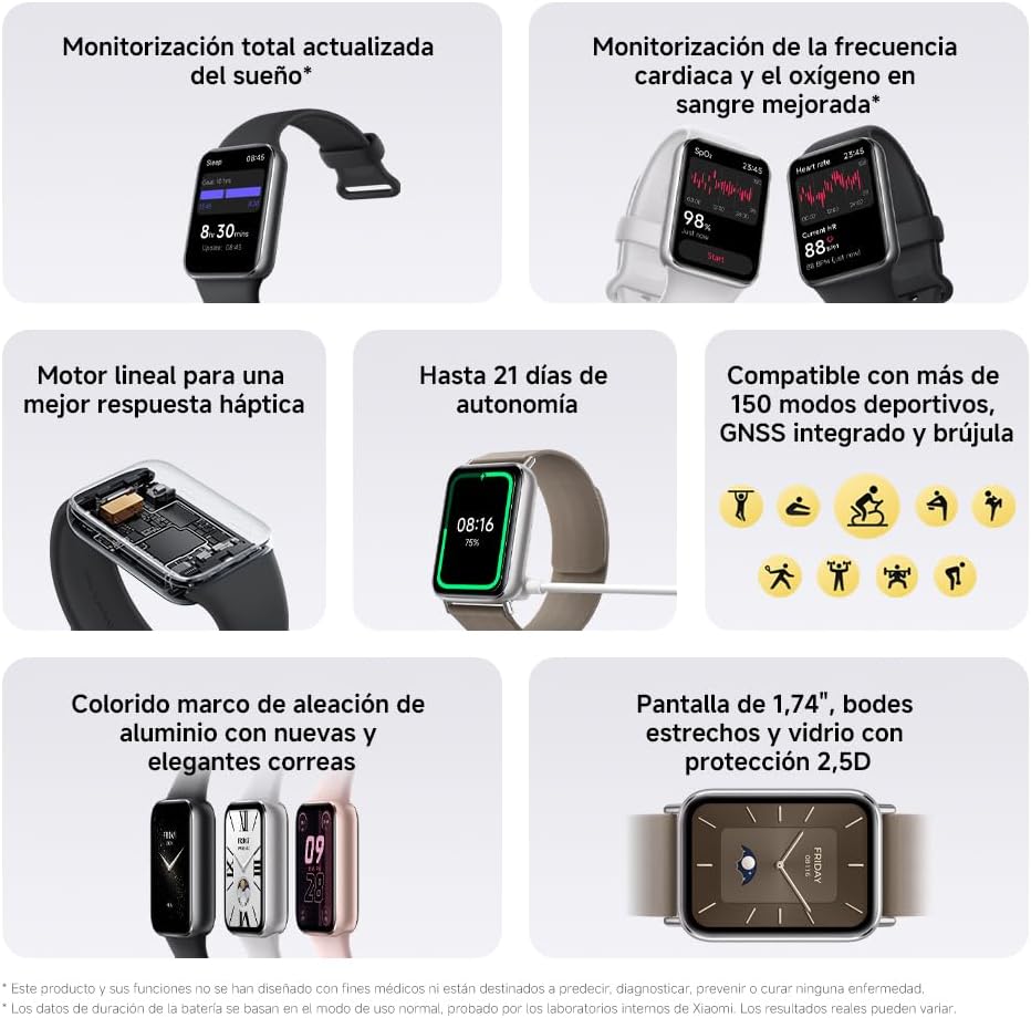 XIAOMI Smart Band 9 Pro Pulseira de atividade, até 21 dias, ecrã AMOLED de 1,74", monitorização do sono, modos desportivos de 150, 5ATM, GPS e bússola, App Mi Fitness, preto