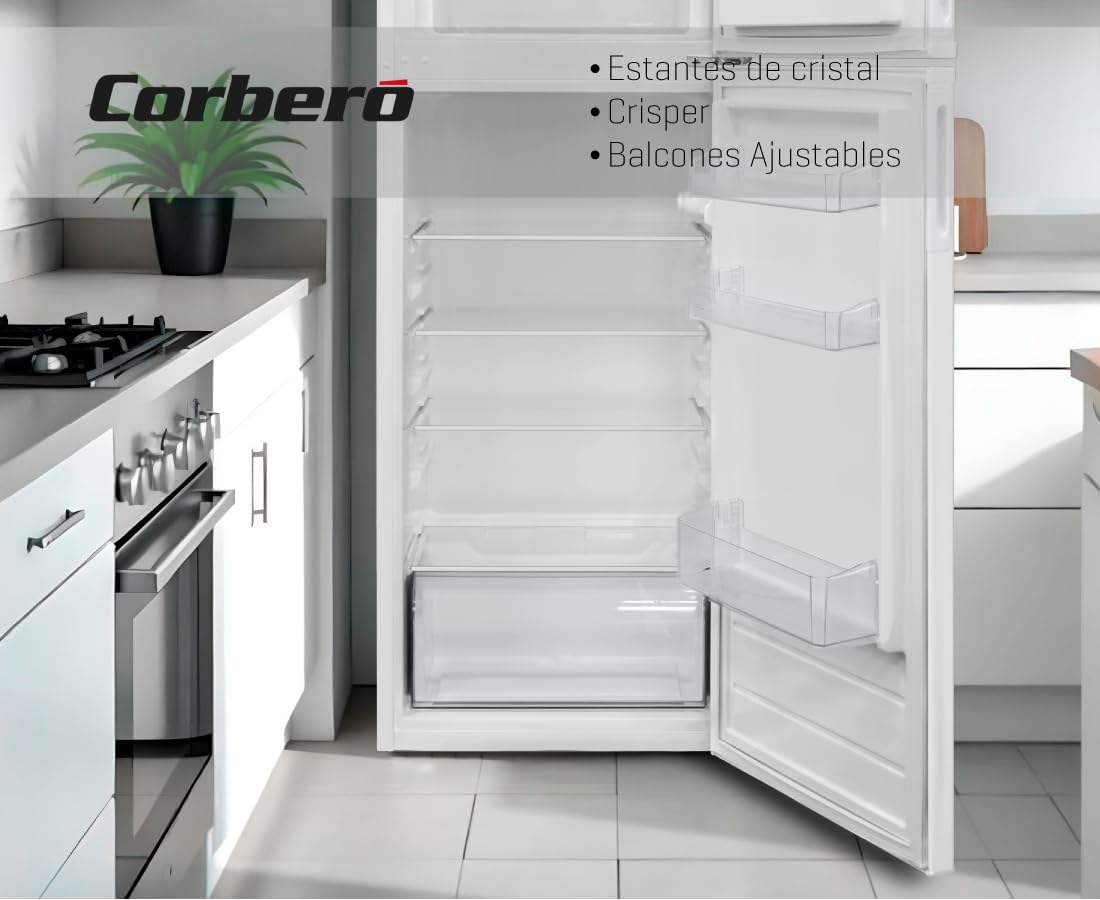 Corbero - Frigorífico 2P CF2PV21324W | Capacidad 212L | Blanco | Luz Interior, Crisper, Balcones Ajustables, Descongelación Manual, Estantes de Cristal, Huevera, Cubiteras | Eficiencia Energética E