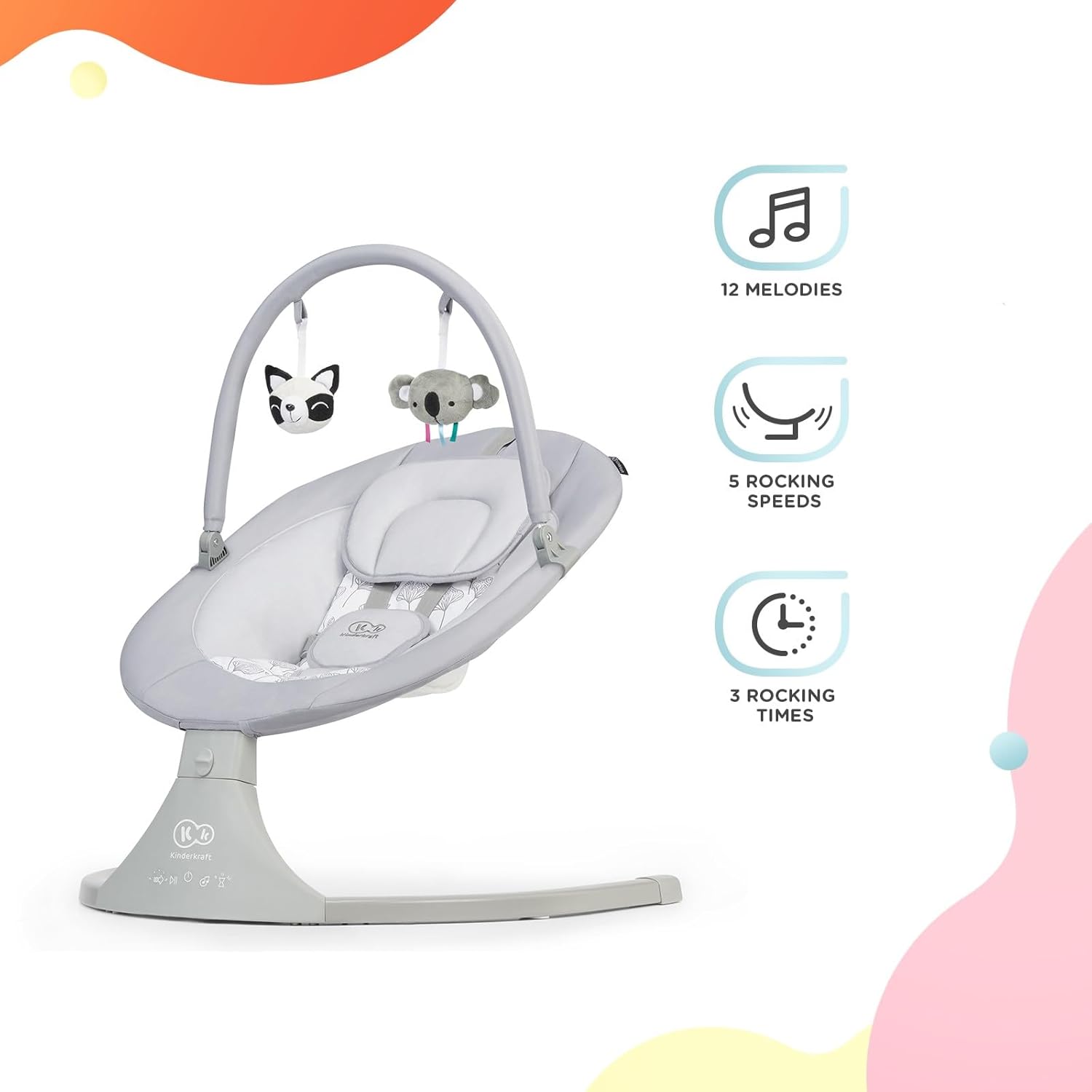kk Kinderkraft LULI Hamaca bebé, Eléctrica Silla macedora, Columpio bebe, Balancin para bebés 0-9 kg, Balanceo automatico 5 Velocidades, Arco regulable con 2 juguetes, 12 melodias, , Gris