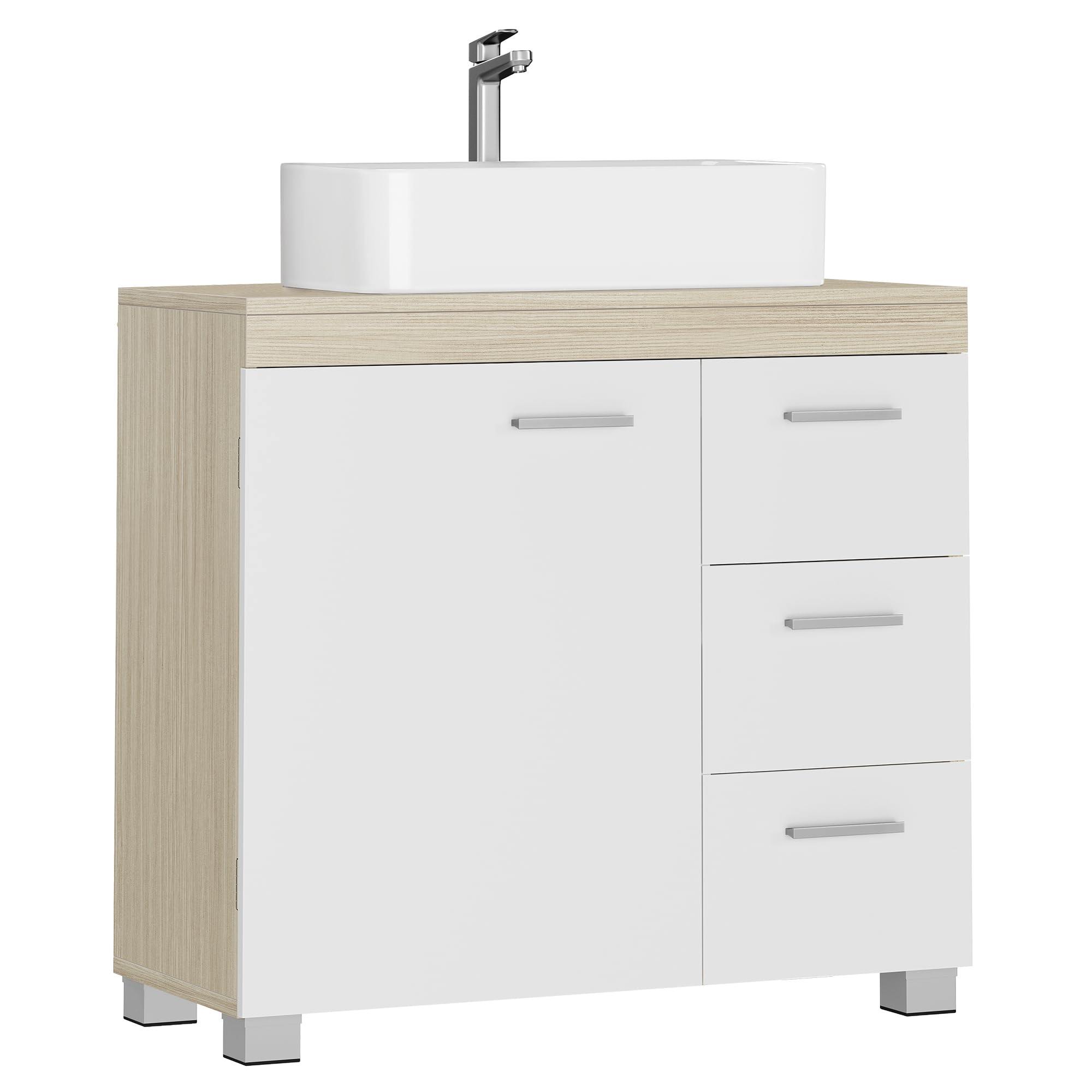 VASAGLE Móveis de lavatório baixo, armário de casa de banho, 3 gavetas, 2 compartimentos atrás da porta, adequado para lavatórios com pedestal, com pés, 30 x 70 x 64 cm, branca nuvem BBK504W01