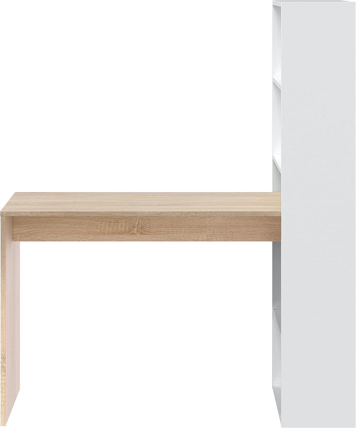 Habitdesign Mesa com prateleira reversível, mesa de computador, branco Artik e carvalho canadian, modelo duplo, medidas: 120 cm (largura) x 53 cm (fundo) x 144 cm (altura)