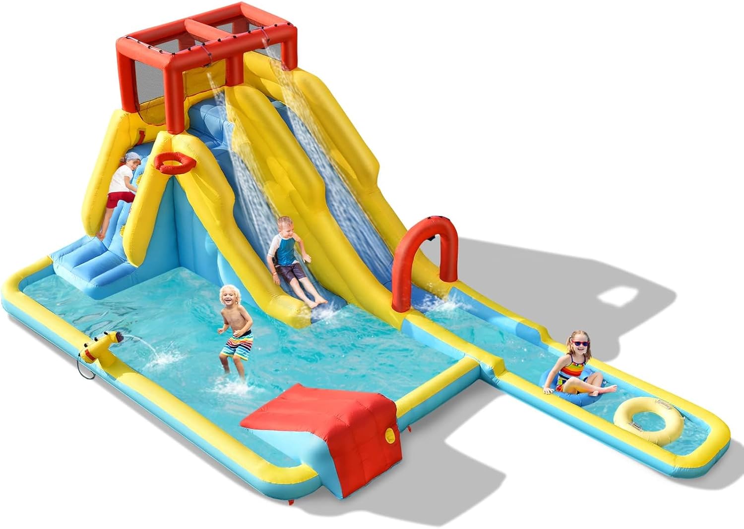FANTASK Castillo Hinchable con Bolsa de Transporte, Anillos de natación, Baloncesto Inflable y Kit de reparación, tobogán acuático, Parque acuático para Exteriores, Incluye Pistola de Agua, Pared de