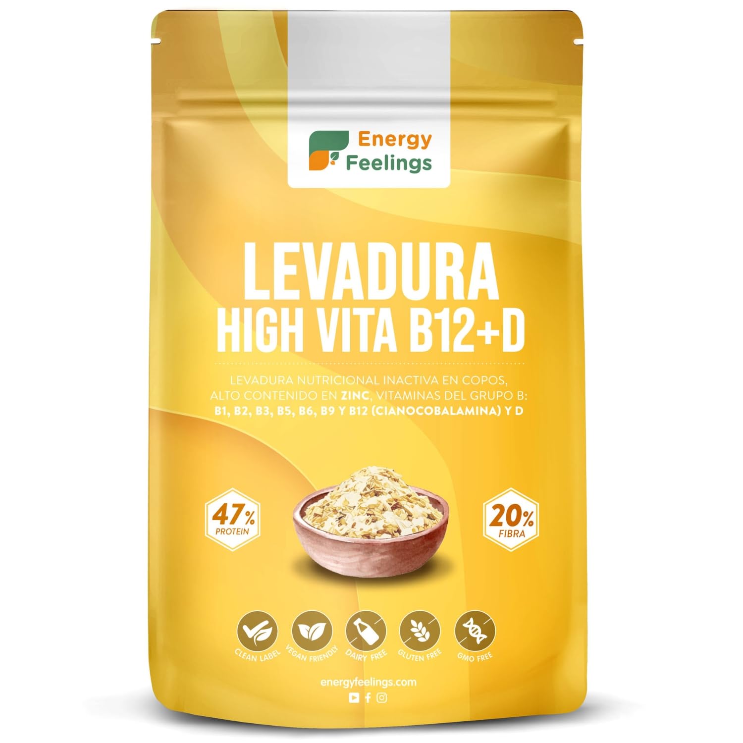 Energy Feelings Levedura nutricional B12, 1 kg, levedura nutritiva em flocos rica em vitamina B e proteínas, 51%, natural Yeast sem glúten, sem açúcar, ideal para queijo vegano