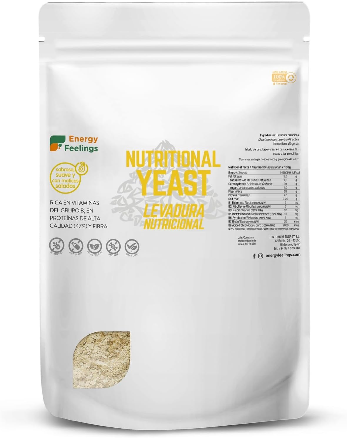 Energy Feelings Levedura nutricional B12, 1 kg, levedura nutritiva em flocos rica em vitamina B e proteínas, 51%, natural Yeast sem glúten, sem açúcar, ideal para queijo vegano