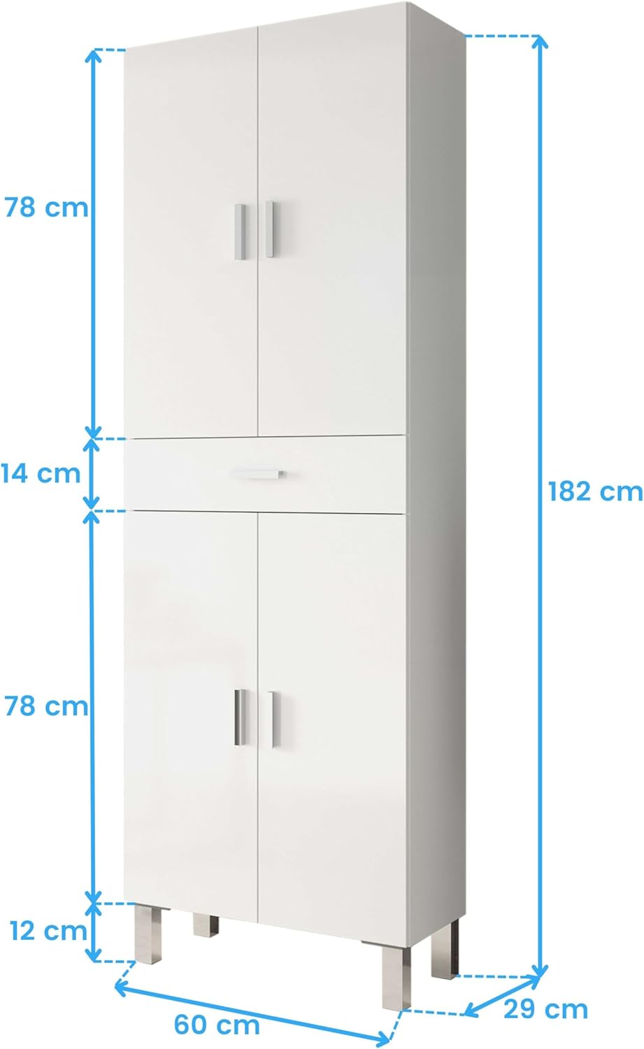 Habitdesign Coluna de casa de banho, armário de lavatório, 4 portas e 1 gaveta, modelo Aruba, acabamento em branco brilho, medidas: 60 cm (largura) x 182 cm (altura) x 29 cm (fundo), grande