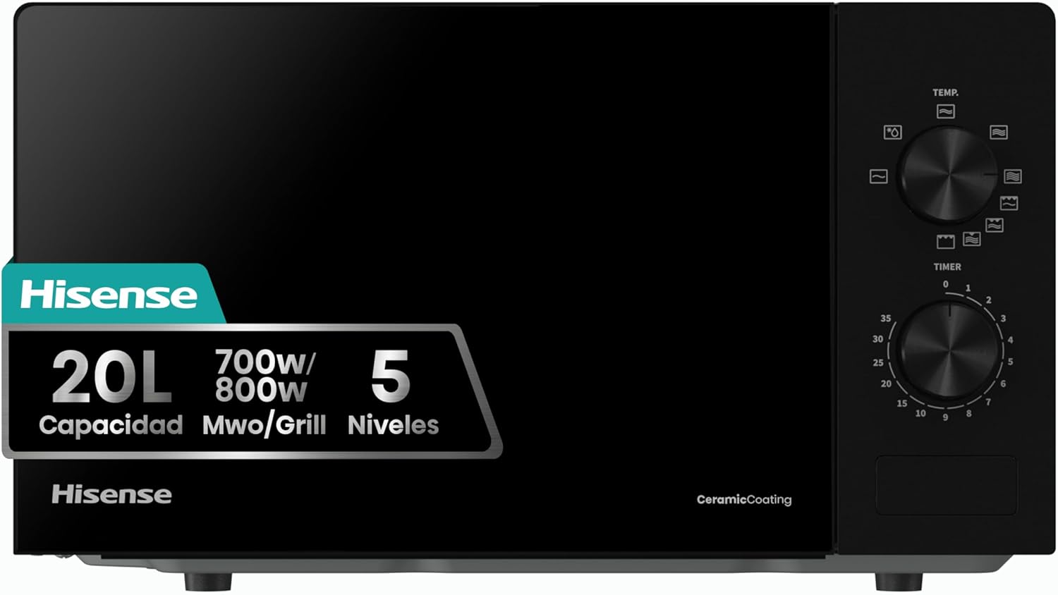 Hisense H20MOBP1G, micro-ondas com brilho de 20 l, 700 W de potência, 800 W Grill, revestimento cerâmico, vidro premium, 5 níveis, limpeza fácil, temporizador de cozedura, preto