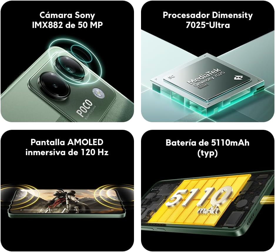 Xiaomi POCO M7 Pro 5G Smartphone de 12 + 256 GB, câmara de 50 MP Sony com OIS, ecrã AMOLED de 6,67" de 120 Hz, carregamento turbo de 45 W, carregador não incluído, prata (versão ES)