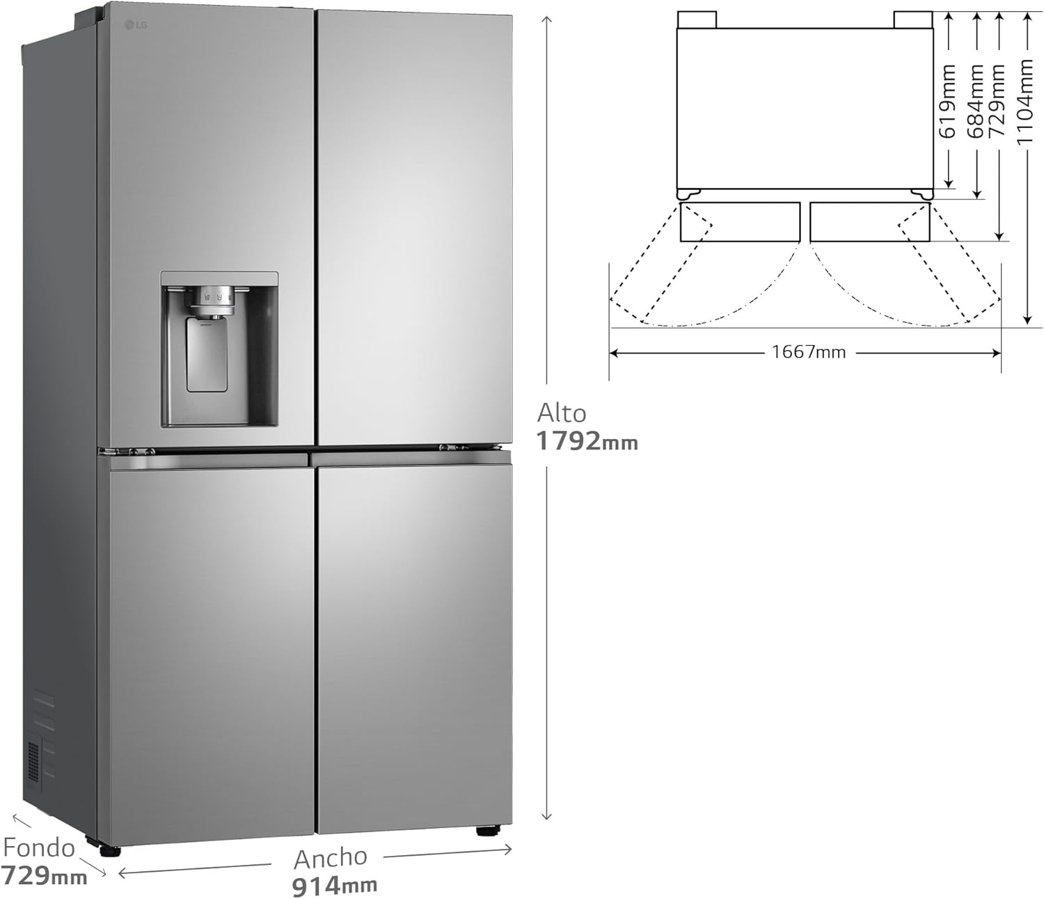 LG GML960PYBE - Frigorífico Americano, Nevera Americana Combi, Door Clooning+, Clasificación E, 641 L, Antihuellas, Color Inox