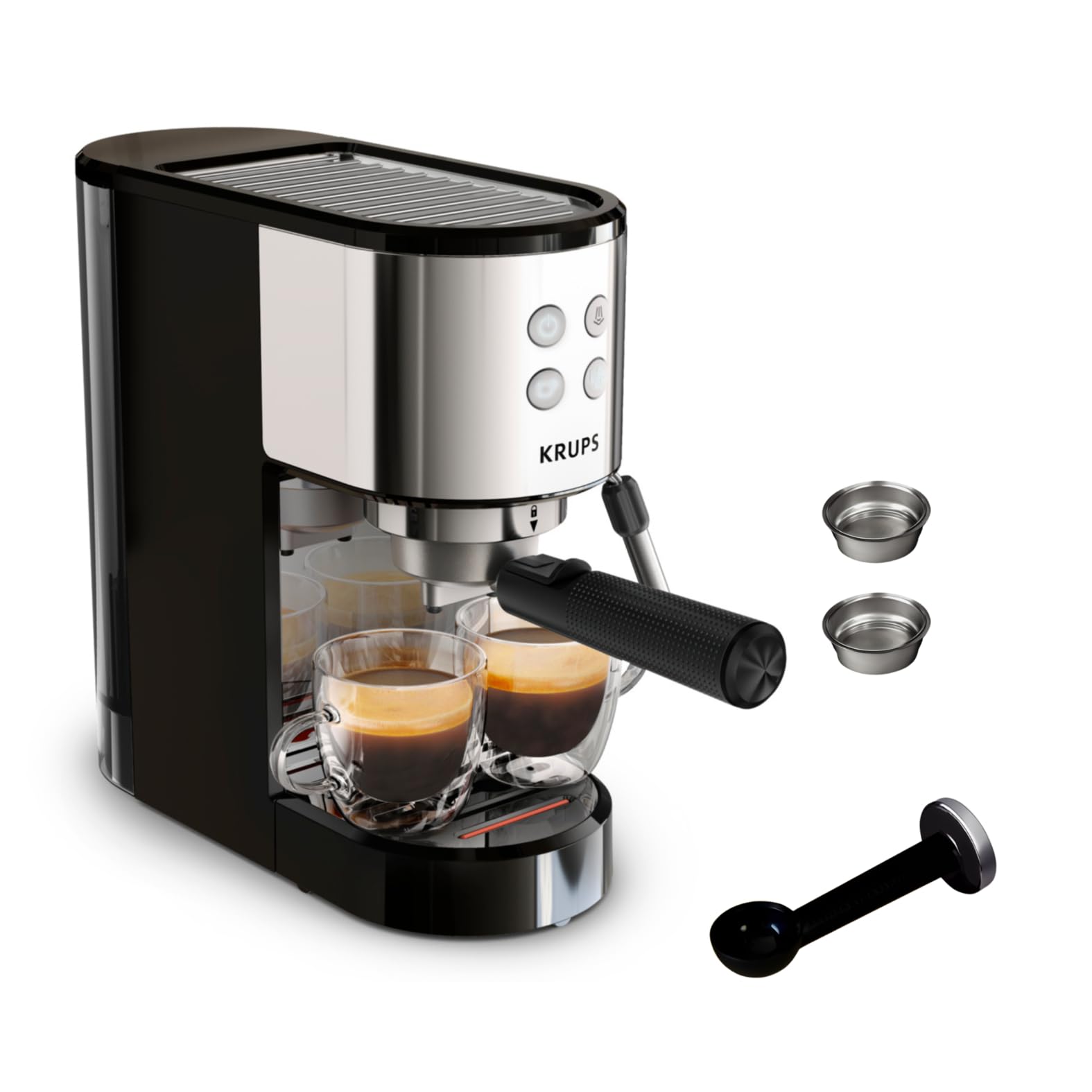 Krups Cafeteira expresso manual, autêntico, 15 barras de pressão, espumador de leite, ajuste manual, colher de medição e compactador, depósito de 2 l de capacidade, Inox, XP381B