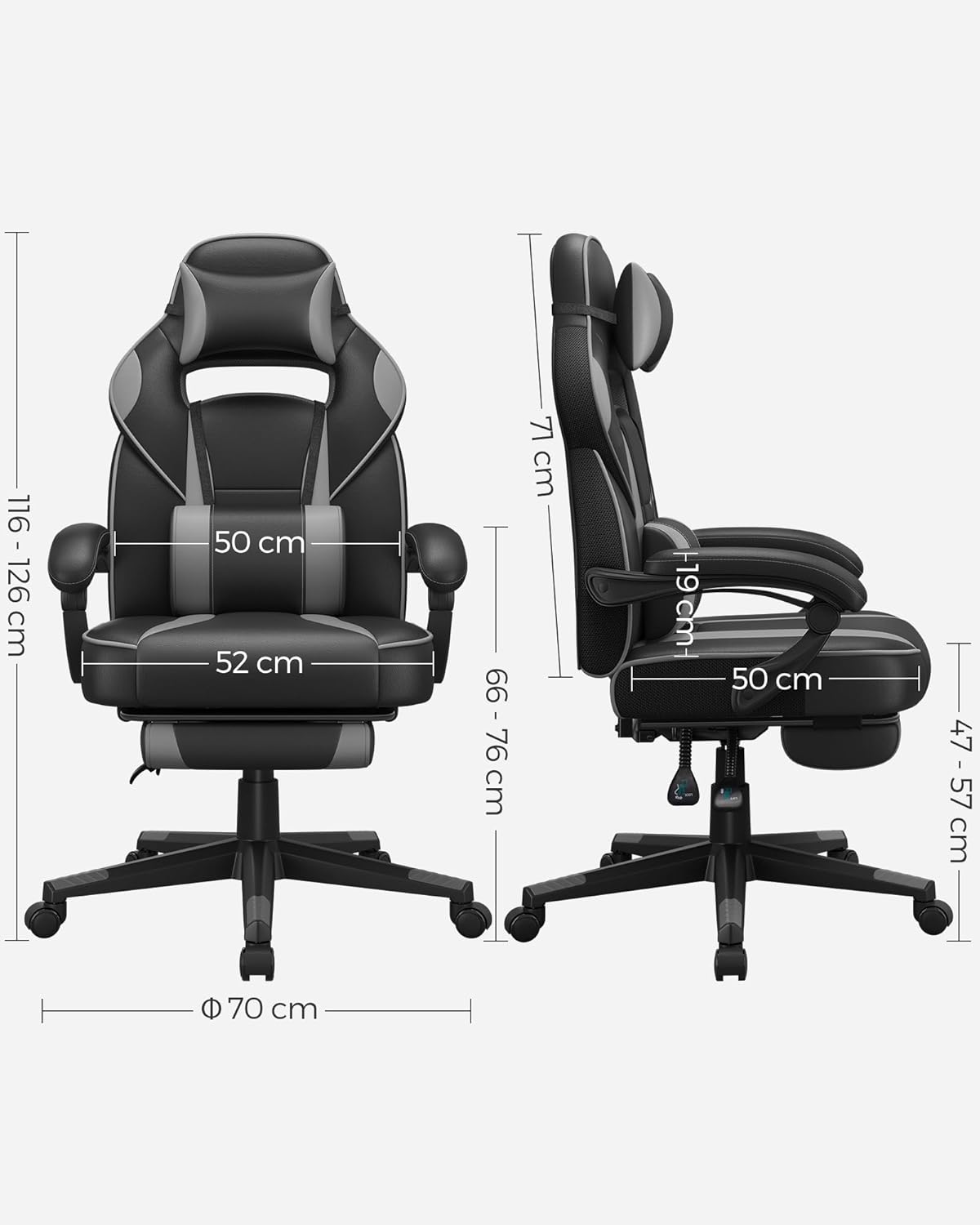 SONGMICS Cadeira de escritório, cadeira de jogos ergonómica, com apoio para os pés telescópico, encosto ajustável, apoio de cabeça e suporte lombar, carga de 150 kg, tinta preta e cinzento pombo
