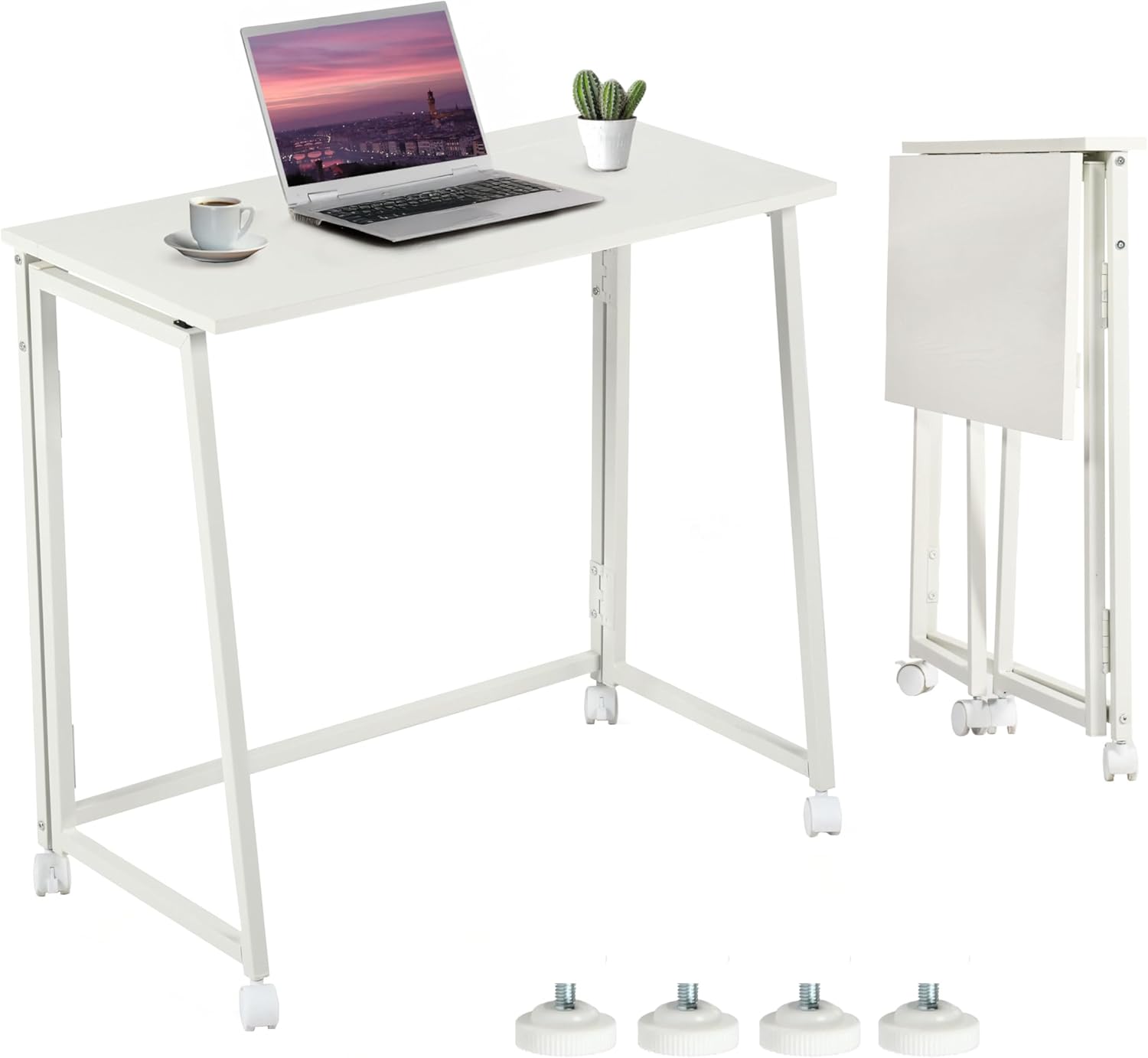 MEUBLE COSY Escritorio Plegable con Ruedas Mesa de Ordenador para Ahorrar Espacio Oficina Hogar Estudio, Estructura de Acero, Escandinavo, Montaje Sencillo, Blanco