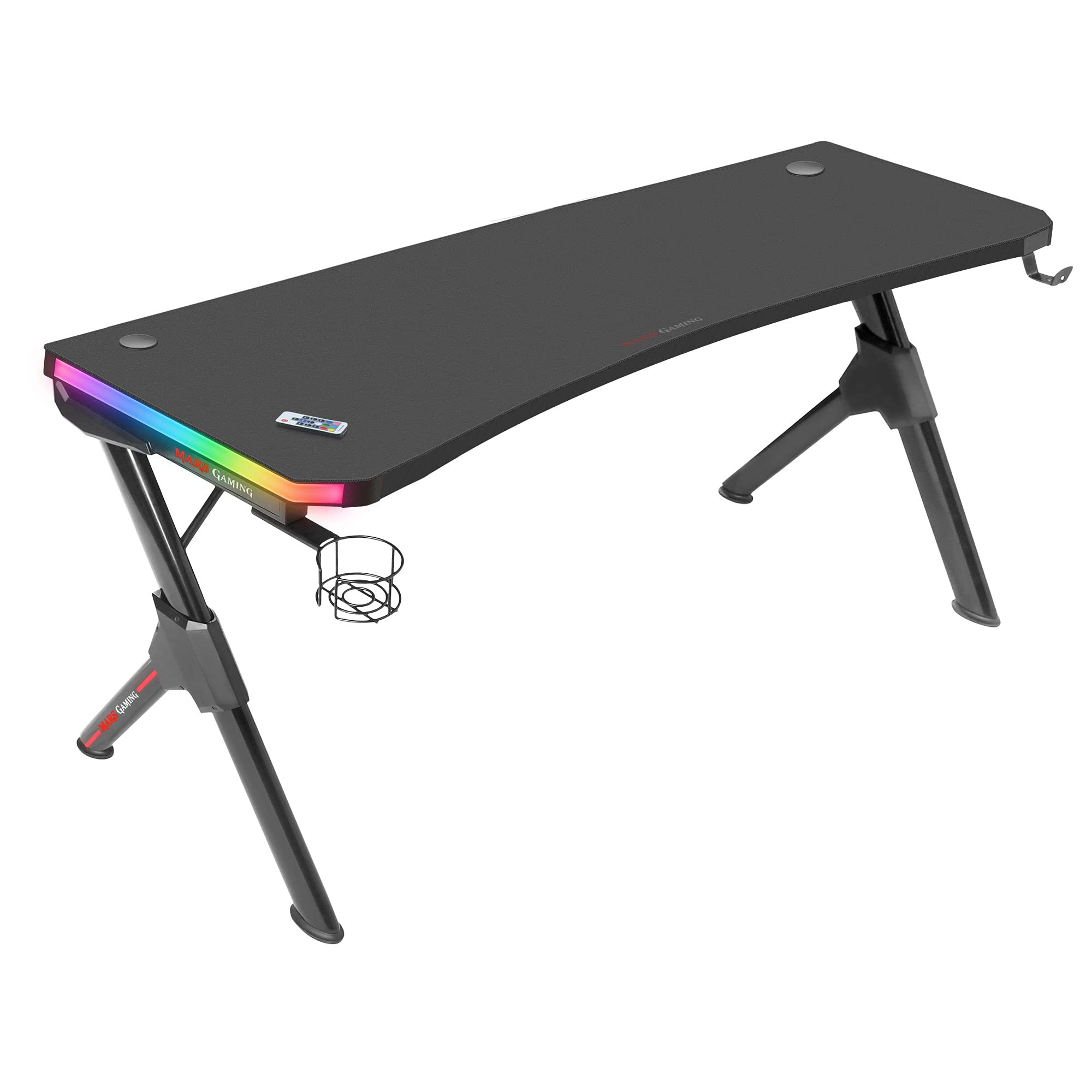 Mars Gaming MGD-X160RGB, Mesa de jogos ergonómica, iluminação ARGB com comando, fibra de carbono, tapete XXL, suporte auriculares e bebida, gestão com cabos, secretária Gaming 160 x 60 cm, preto