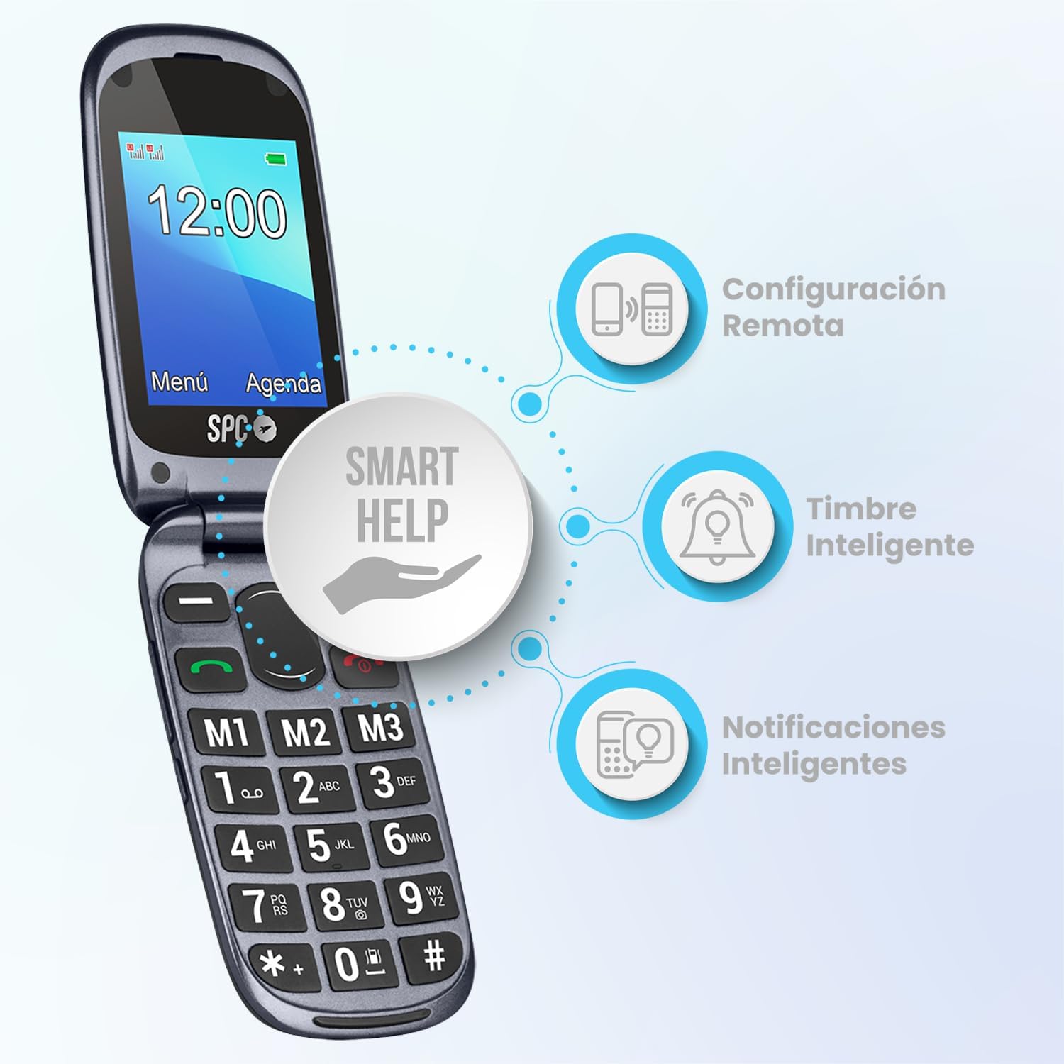 SPC Harmony - Telemóvel para idosos, telemóveis com tampa, teclas grandes, volume alto 96dB, compatível com aparelhos auditivos, contactos com imagem, botão SUS, ecrã duplo (2,4" + 1,77") - preto