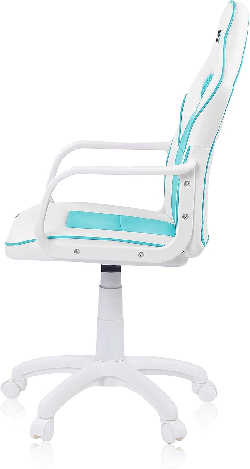 duehome | DRW, cadeira Gamer, cadeira de escritório, estúdio ou secretária, acabamento em silício pele branca e turquesa, medidas: 46,5 cm (largura) x 46 cm (comprimento) x 98-109,5 cm (altura)