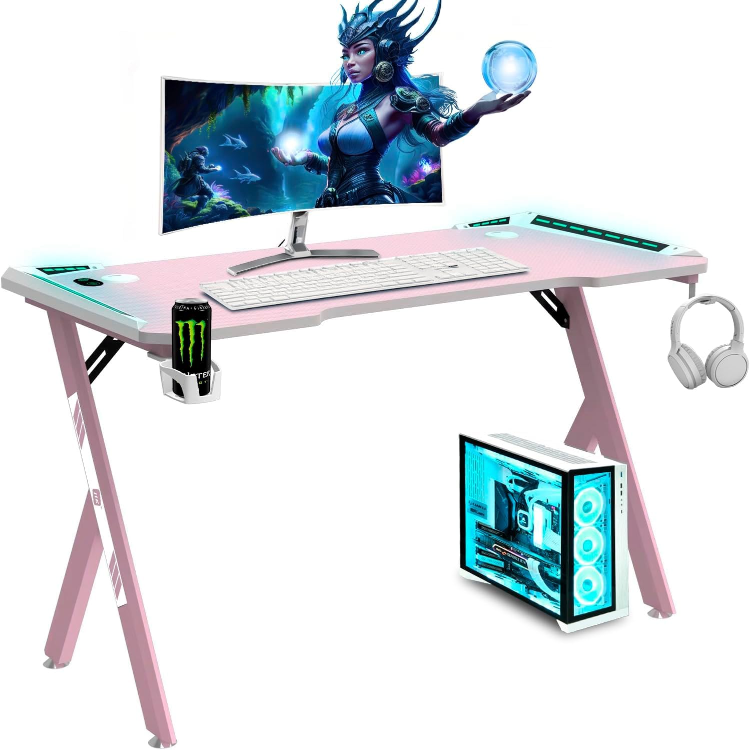 NK Mesa de secretária de jogos com LED (120 x 60 cm), porta-copos e garrafas, suporte para auriculares/capacetes, gestão de cabos, Gaming Desk, tabela de 1,5 cm (resistência) peso máximo 100 kg