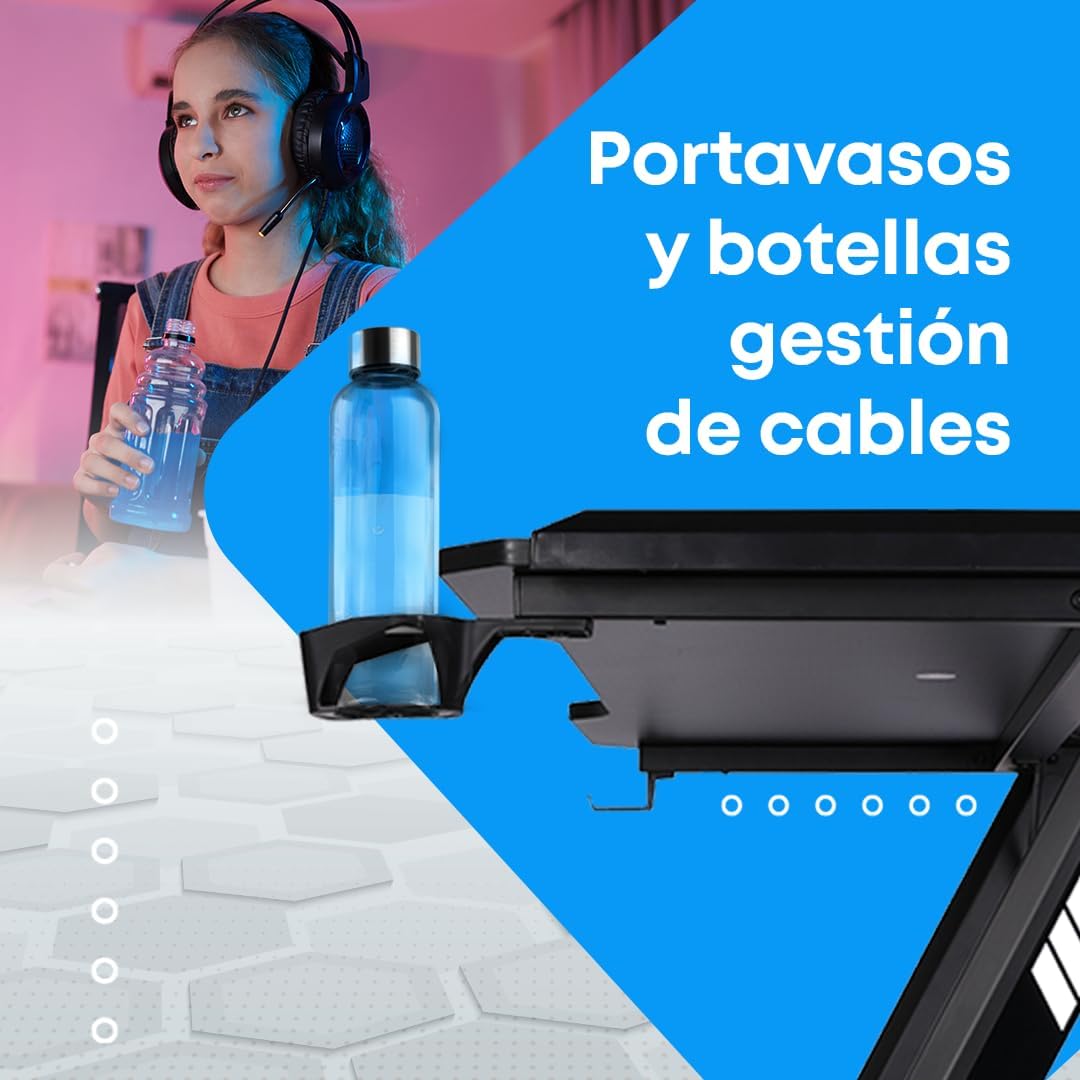 NK Mesa de secretária de jogos com LED (120 x 60 cm), porta-copos e garrafas, suporte para auriculares/capacetes, gestão de cabos, Gaming Desk, tabela de 1,5 cm (resistência) peso máximo 100 kg