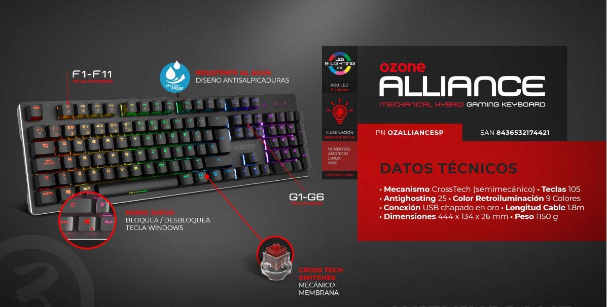 Ozone Gaming OZTACTICALSP Mini teclado tático para jogos, mecânico sem teclado numérico, Bluetooth, interruptores vermelhos Outemu, iluminação LED RGB, silencioso, disposição em inglês, preto
