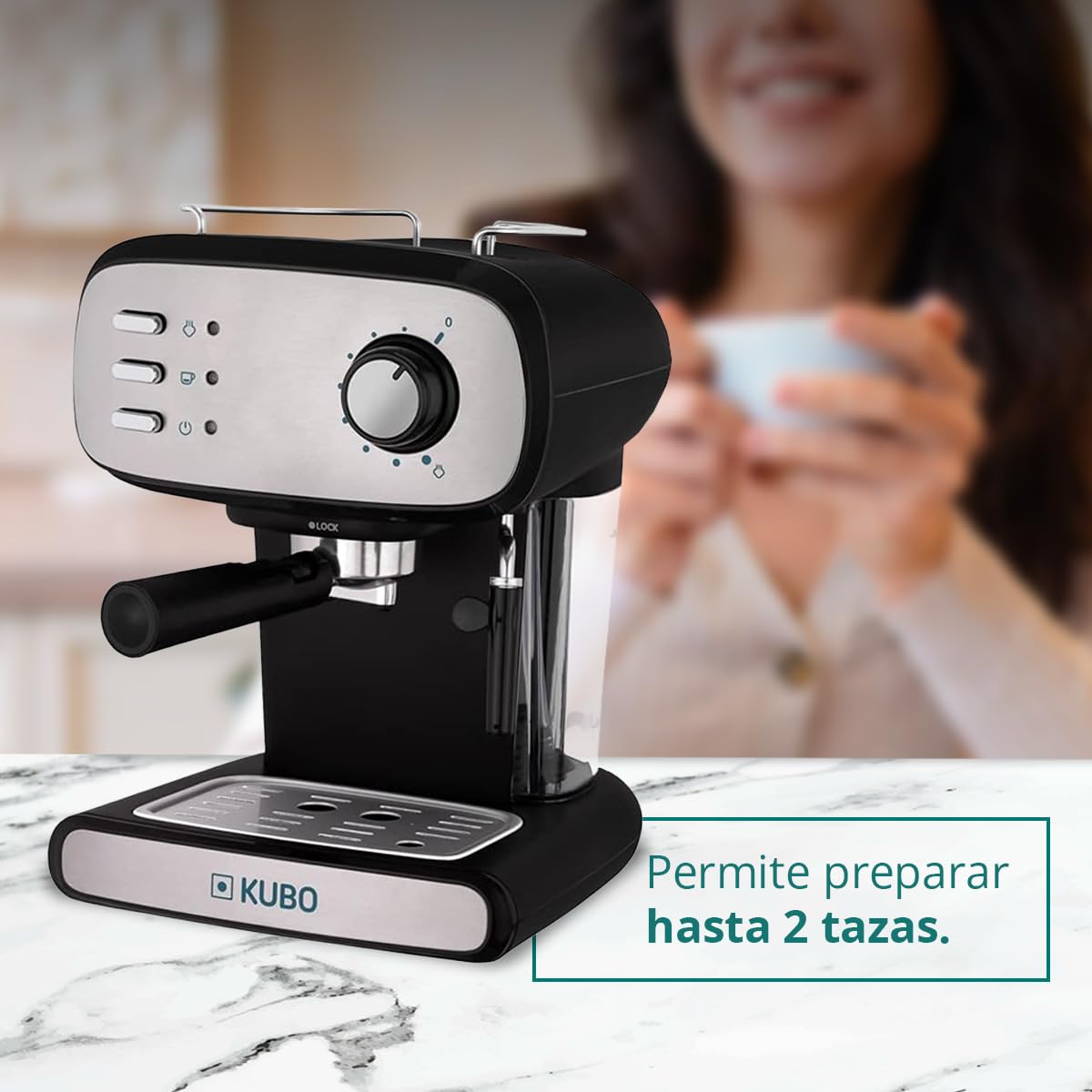 KUBO - Máquina de café expresso, pressão 15 bar, depósito de água 1,2 L, 850 W, vaporizador para cappuccino ou bebidas com leite, fácil de limpar