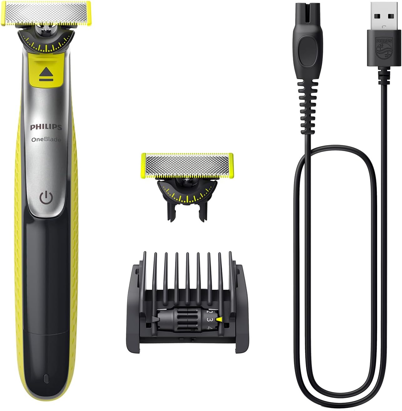 Philips OneBlade 360 Máquina de barbear híbrida, barbeador elétrico e máquina de barbear, 2 lâminas 360, guia de pente ajustável 5 em 1 (modelo QP2734/30)