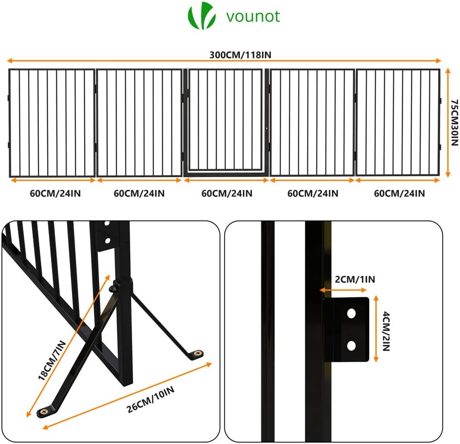 VOUNOT® Barreira de segurança para cães, cerca de segurança 5 painéis, grade de proteção de lareira montagem flexível, 300 x 75 cm, preto
