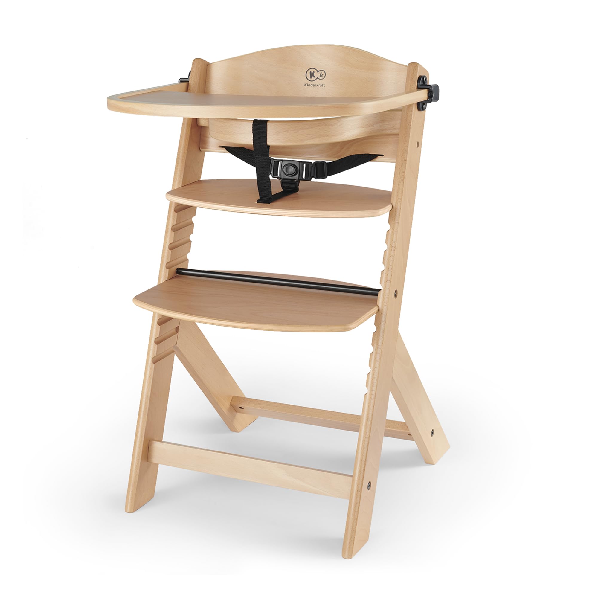 kk Kinderkraft ENOCK Cadeira alta bebé de madeira, infantil, portátil, para crianças, cadeira alta evolutiva, ergonómica, com acessórios, barreira e bandeja, madeira natural