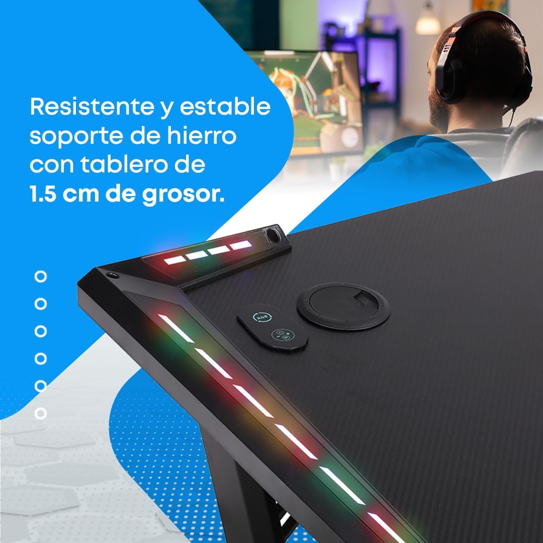 NK Mesa de secretária de jogos com LED (120 x 60 cm), porta-copos e garrafas, suporte para auriculares/capacetes, gestão de cabos, Gaming Desk, tabela de 1,5 cm (resistência) peso máximo 100 kg
