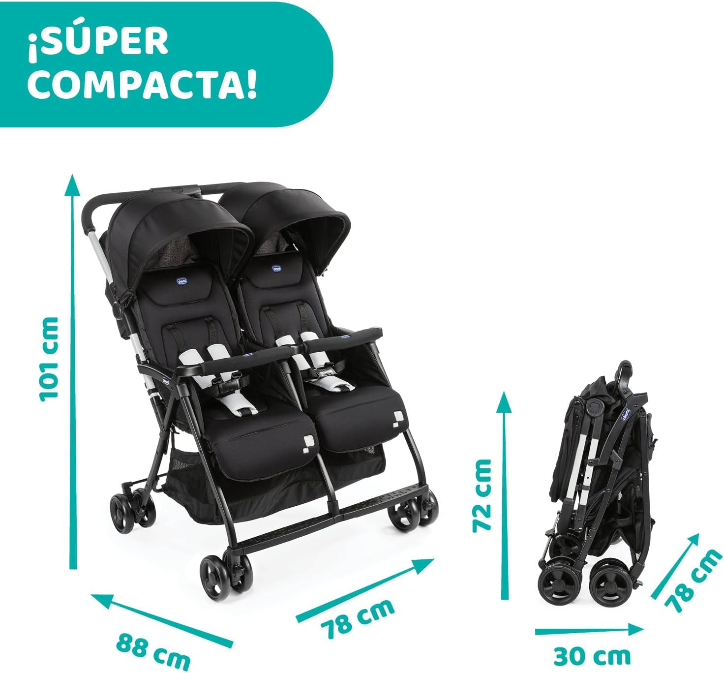 Chicco OHlalà Twin Cadeira de passeio gémeas de 0 meses a 15 kg, para botões de punho e irmãos, carrinho duplo reclinável e dobrável, leve, dobrável compacto, cobertura de chuva - cor preta