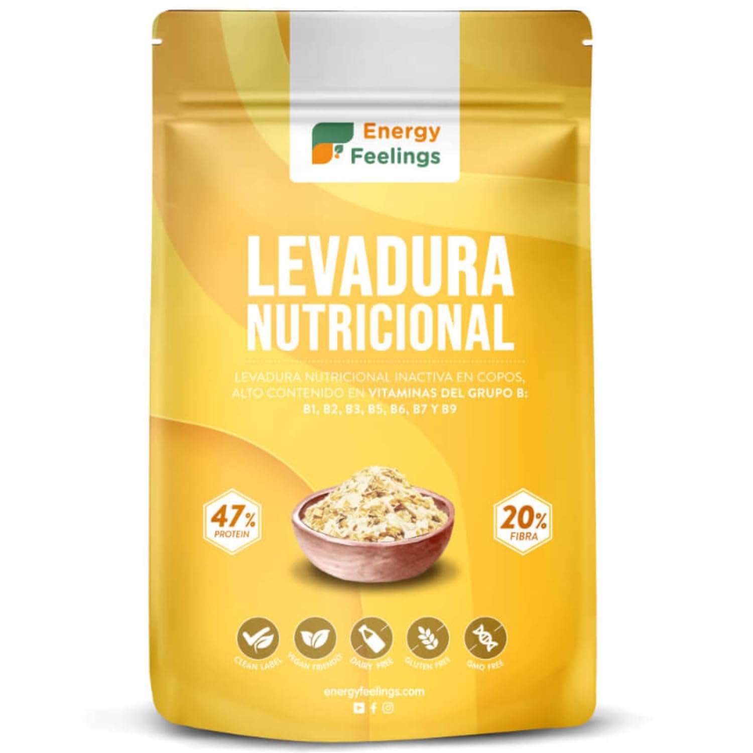 Energy Feelings Levedura nutricional B12, 1 kg, levedura nutritiva em flocos rica em vitamina B e proteínas, 51%, natural Yeast sem glúten, sem açúcar, ideal para queijo vegano