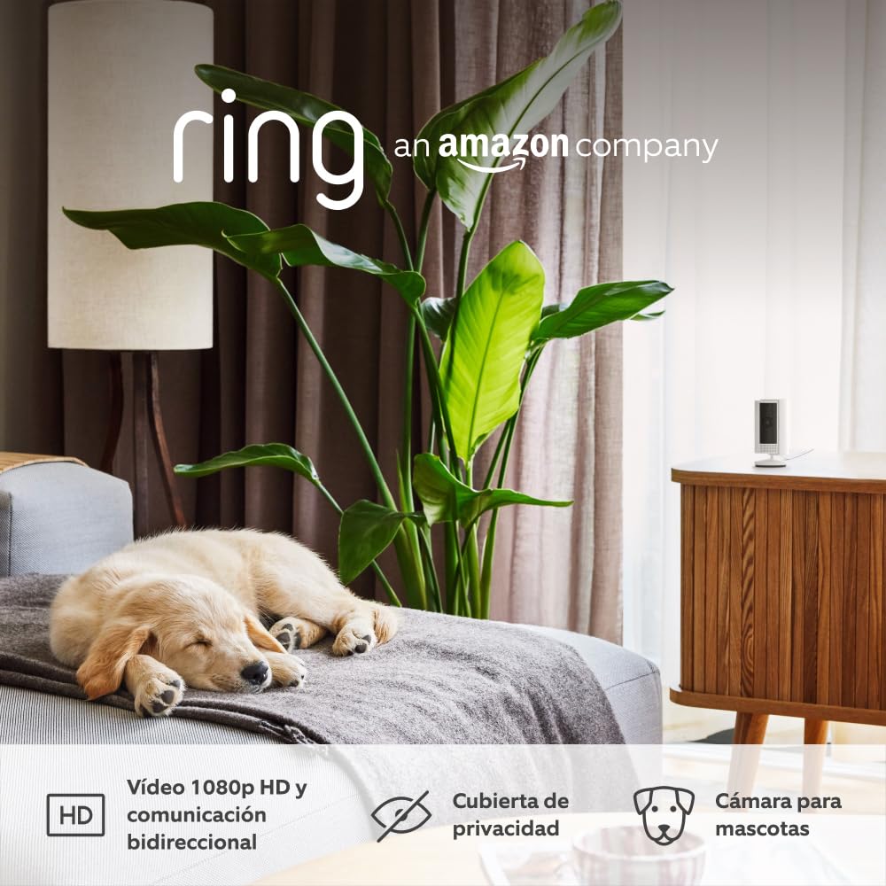 Ring Cámara interior (Indoor Camera 2.ª gen.) | Cámara de vigilancia wifi con enchufe para mascotas | Vídeo 1080p HD, comunicación bidireccional, cubierta de privacidad | 30 días gratis de Ring Home