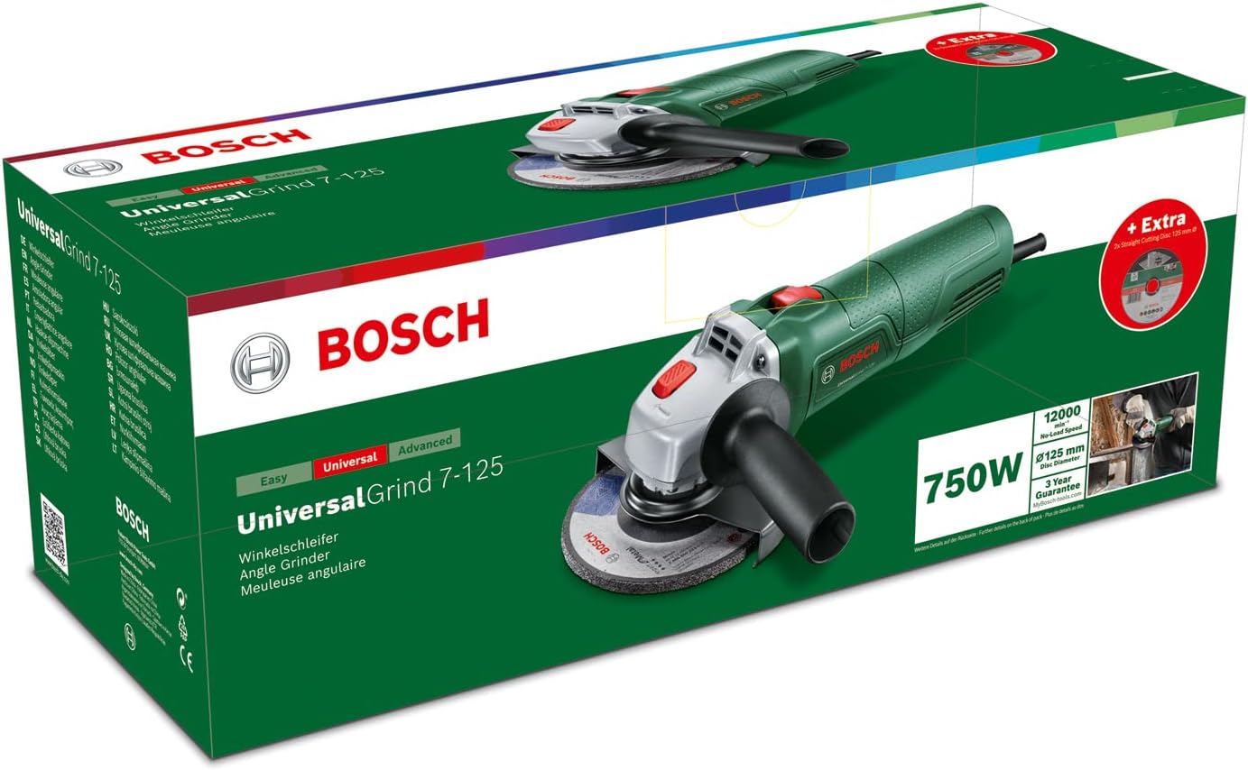 Bosch Moedor pequeno UniversalGrind 750-125, 750 W, com 2 discos de corte reto e 1 disco de molagem, para molar, cortar, escovar e lixar, em embalagem de cartão, edição para a Amazon
