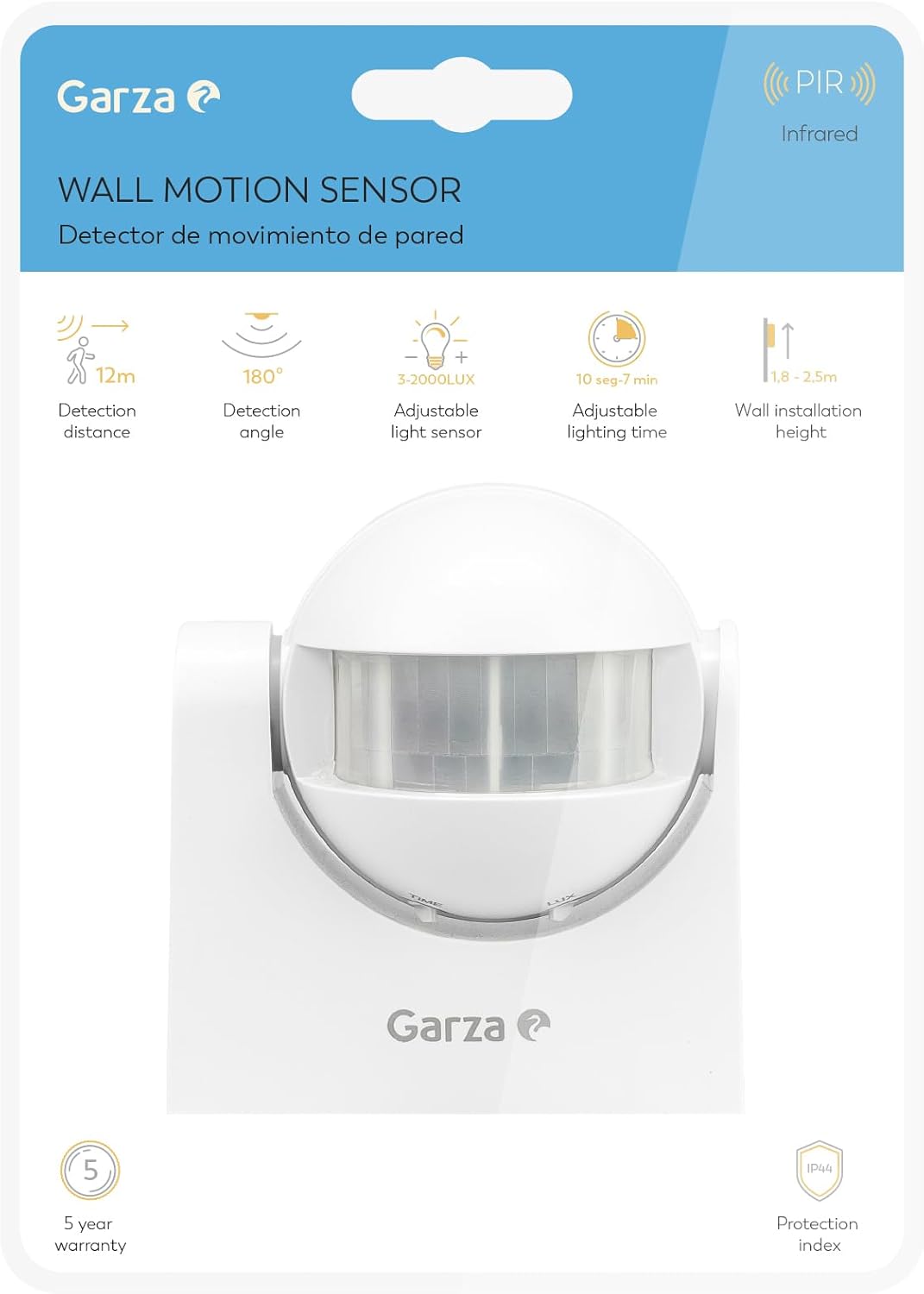 Garza - Detector de movimento por infravermelhos orientável para interior e exterior, proteção IP44, tempo e luminosidade reguláveis, ângulo de deteção de 180º, branco