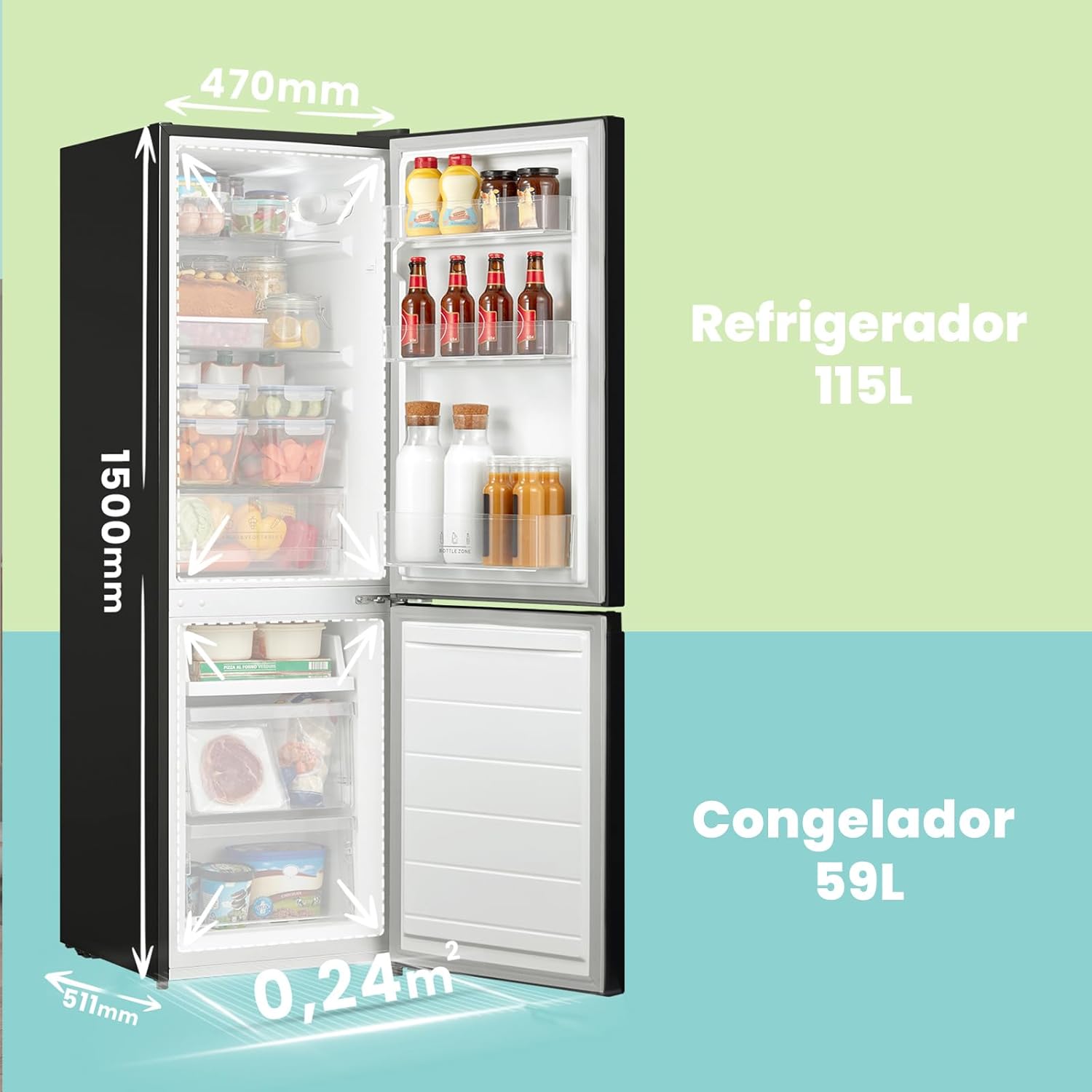 Comfee ' RCB169DK2(E) 174L frigorífico com congelador/altura 150 cm/Low Frost/temperatura ajustável do frigorífico/luz LED/195 kWh/ano/115L frigorífico/59L congelador/preto