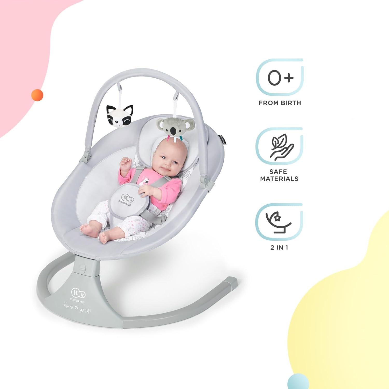 kk Kinderkraft LULI Hamaca bebé, Eléctrica Silla macedora, Columpio bebe, Balancin para bebés 0-9 kg, Balanceo automatico 5 Velocidades, Arco regulable con 2 juguetes, 12 melodias, , Gris