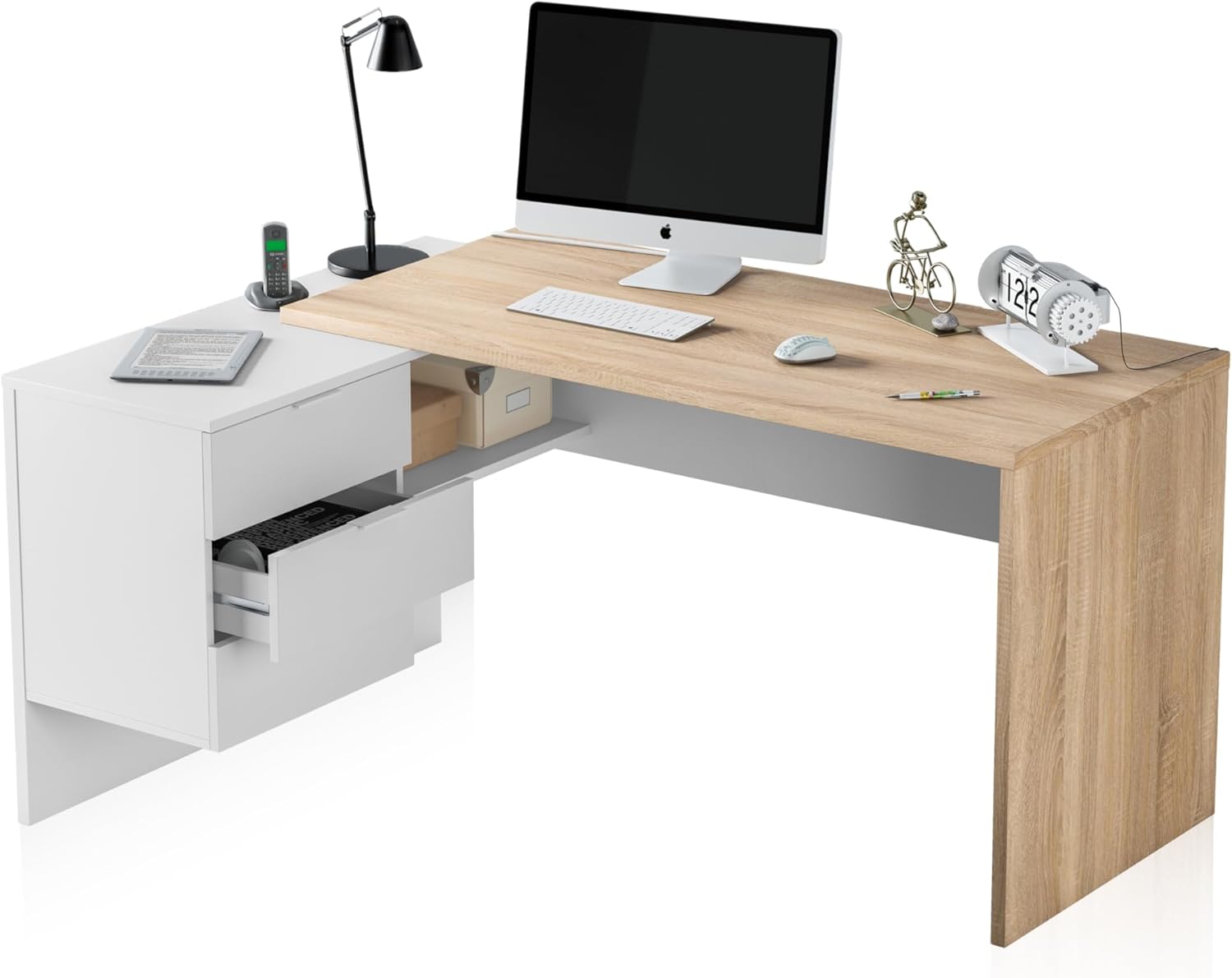 duehome | Escritório com gaveta, mesa de escritório, modelo Office Work, acabamento em branco Artik e carvalho cananadian, medidas: 145 cm (comprimento) x 102 cm (fundo) x 73 cm (altura)