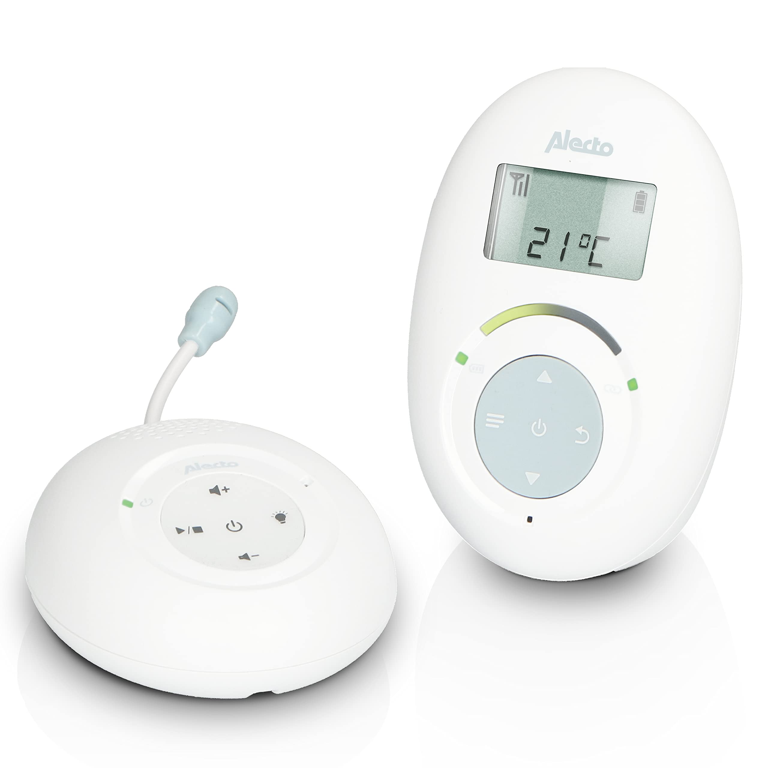 Alecto DBX110 - Vigilabebés Digital con DECT, Alcance de 300 m, diseño Compacto, Escala de Volumen LED, función VOX, Baja radiación, Color Blanco