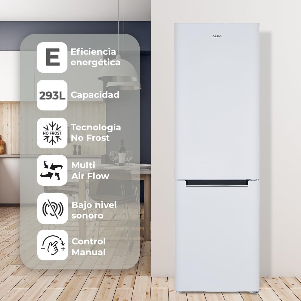 NILSON Frigorífico Combi Blanco, 2 Puertas. NC185600ENF, Capacidad 293 Litros, No Frost, Multi Air Flow, Bajo Nivel Sonoro, Puerta Reversible, Clasificación Energética E