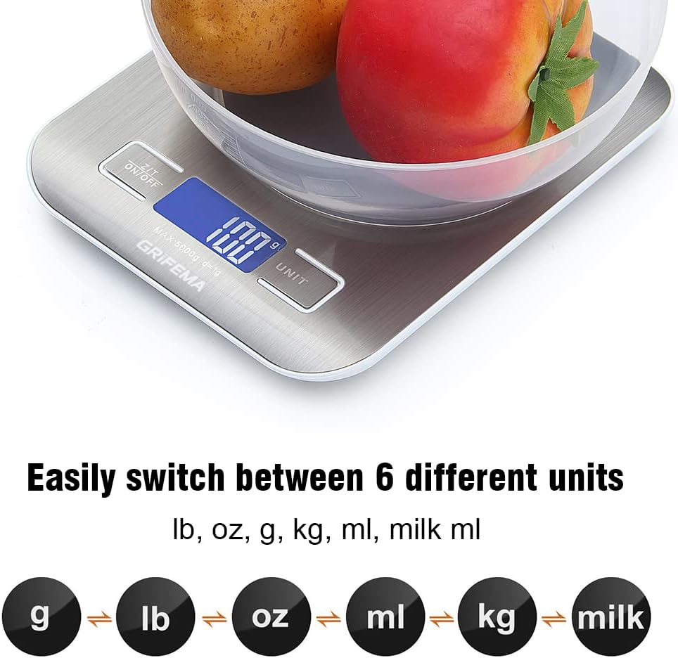 GRIFEMA - GA2002, Balança de cozinha com ecrã LCD, aço inoxidável, balança de alimentos multifuncional 5 kg/11 lbs, cinzento: Cor do ecrã: Azul [exclusivo na Amazon]