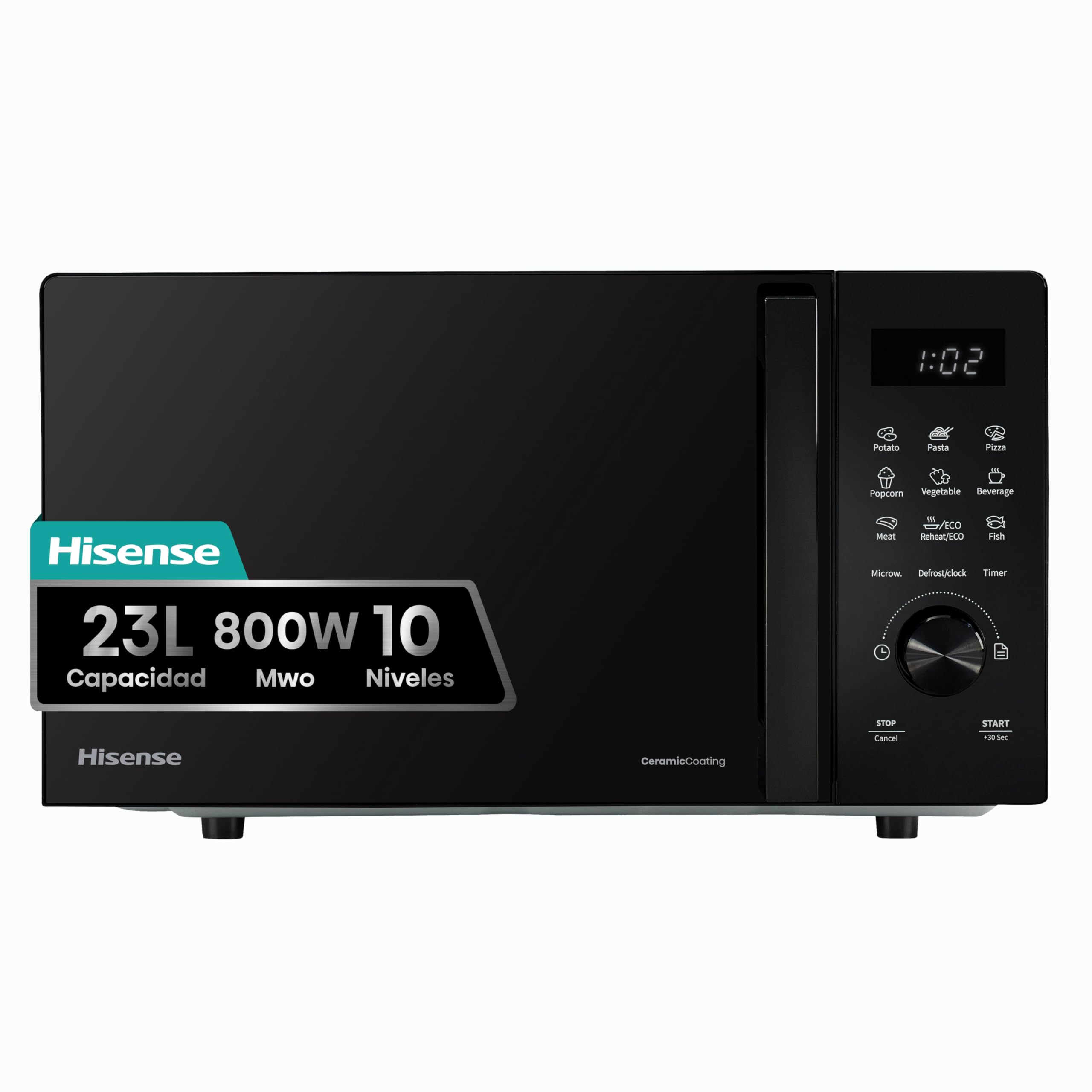 Hisense H20MOBP1G, micro-ondas com brilho de 20 l, 700 W de potência, 800 W Grill, revestimento cerâmico, vidro premium, 5 níveis, limpeza fácil, temporizador de cozedura, preto