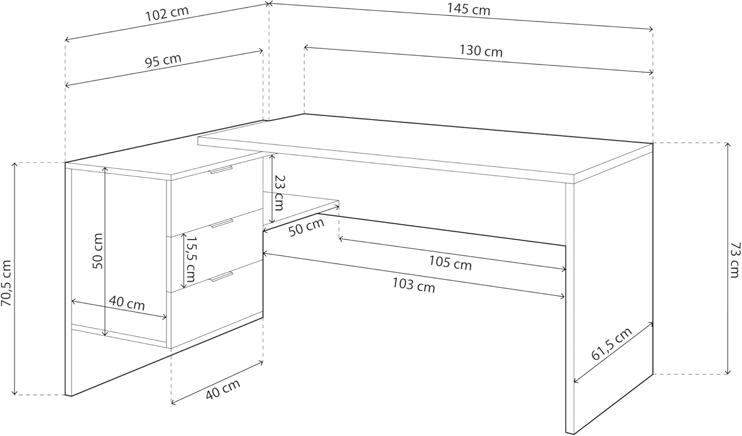 duehome | Escritório com gaveta, mesa de escritório, modelo Office Work, acabamento em branco Artik e carvalho cananadian, medidas: 145 cm (comprimento) x 102 cm (fundo) x 73 cm (altura)