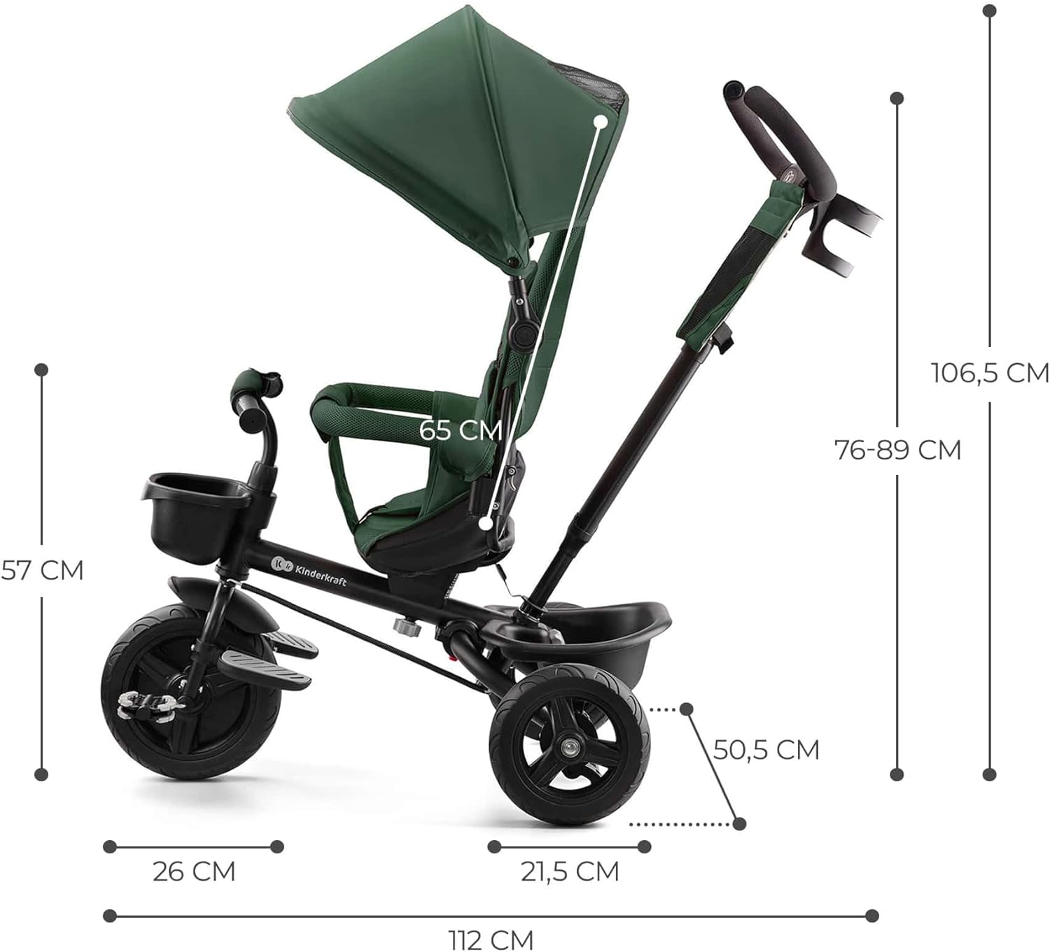 Kinderkraft AVEO Triciclo Bebé, Plegable, Trike, Bicicleta para Niños, Triciclo Evolutivo, Triciclo Sin Pedales, Bicicleta Bebe, Con Accesorios Práctico, Dos Cestas, 9 Meses a 25 kg, Verde