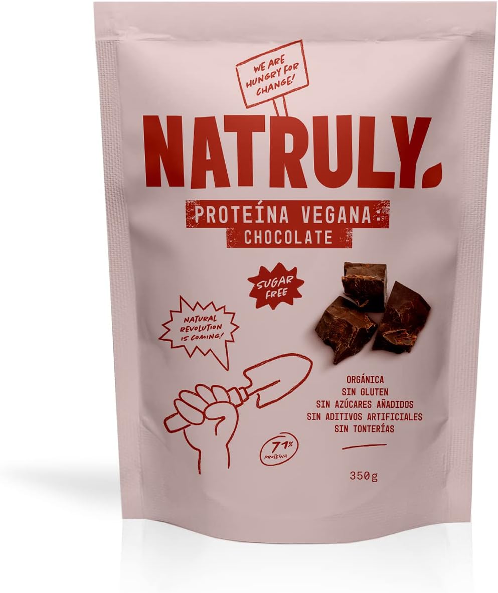 NATRULY Proteína Vegana BIO Chocolate, 81% Proteína, 100% Natural Sin Azúcar, Sin Gluten, Sin Lactosa, Sin Soja -350g
