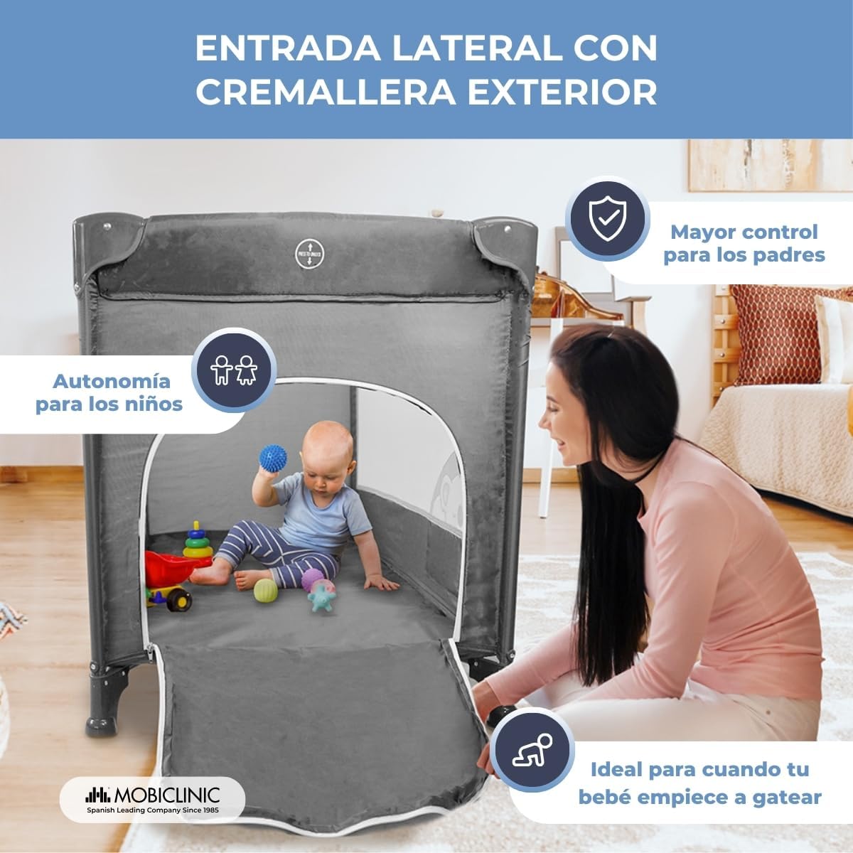 Mobiclinic®, Cuna de Viaje, Bolsa Transporte, 2 en 1, Plegado ultracompacto, Colchón extraíble, Mofli, hasta 15kg, Tela Transpirable, Entrada Lateral con Cremallera, Parque bebé, Ruedas (Gris)