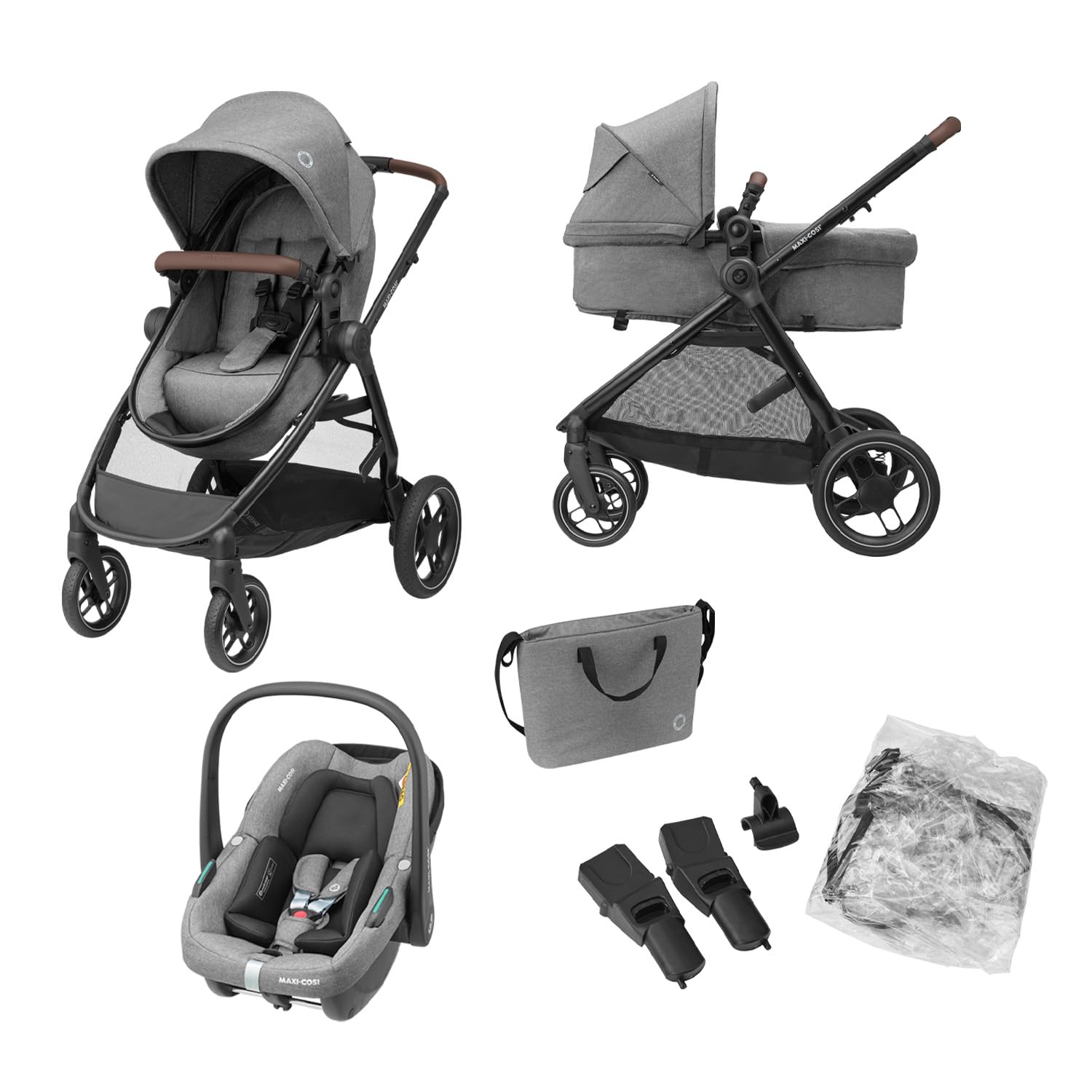 Maxi-Cosi Zelia S Trio carrinho de bebé 3 peças, 0 - 4 anos, até 22 kg, dobrável, compacto e reclinável, com abrioFix S i-Size cadeira carro bebé, acessórios, bolsa trocador, cinzento